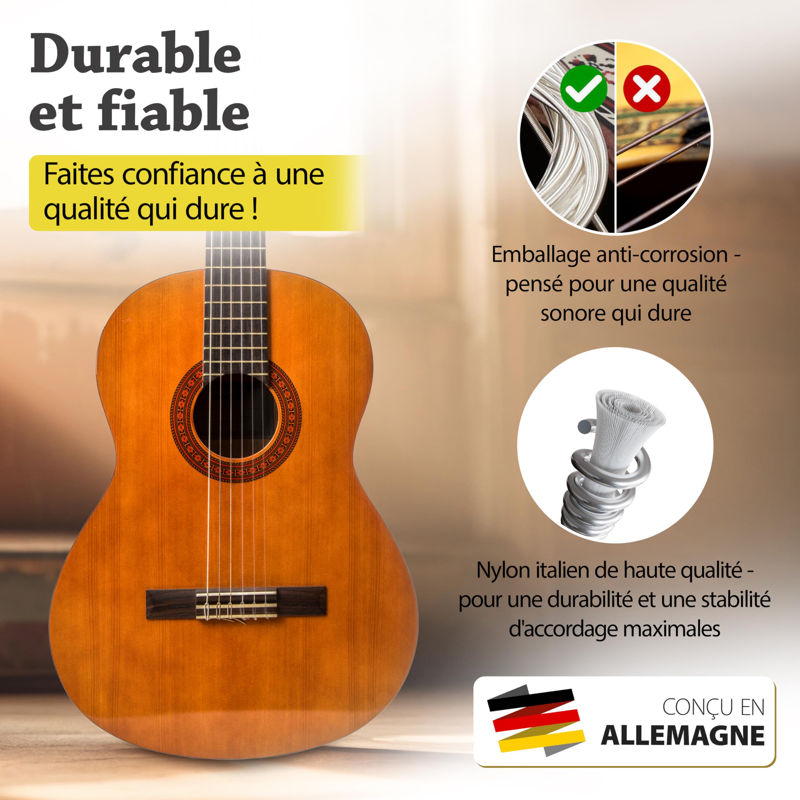 Belfort Cordes de Guitare haute Cordes pour Guitare Classique et guitare de concert pour I Kit de 6 cordes I silberumwobene Cordes en nylon I Bonus : gratuits eBook + 3 médiators - BF//C86