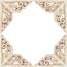 4Pcs Wood Carved Appliques Onlays, Unpainted Decorative Wooden Corner Flower Carvings, DIY Furniture Cabinet Door Wall Mirror Bed Trim Decals for Home Art Projects, 10x10cm