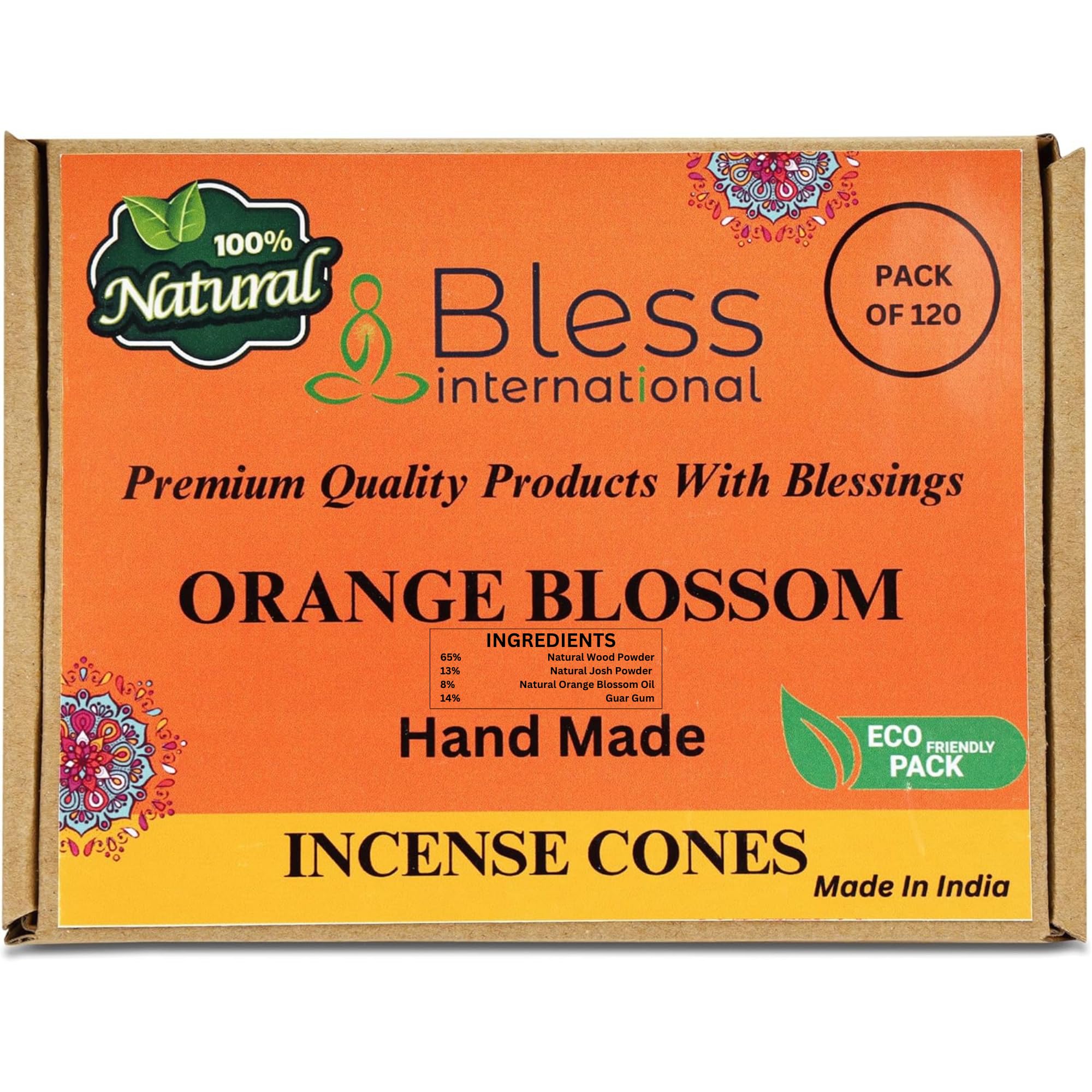 Bless International Orange-Blossom 100%-Natural-Incense-Cones Handmade-Hand-Dipped Organic-Chemicals-Free for-Purification-Relaxation-Positivity-Yoga-Meditation The-Best-scents (120 Count)