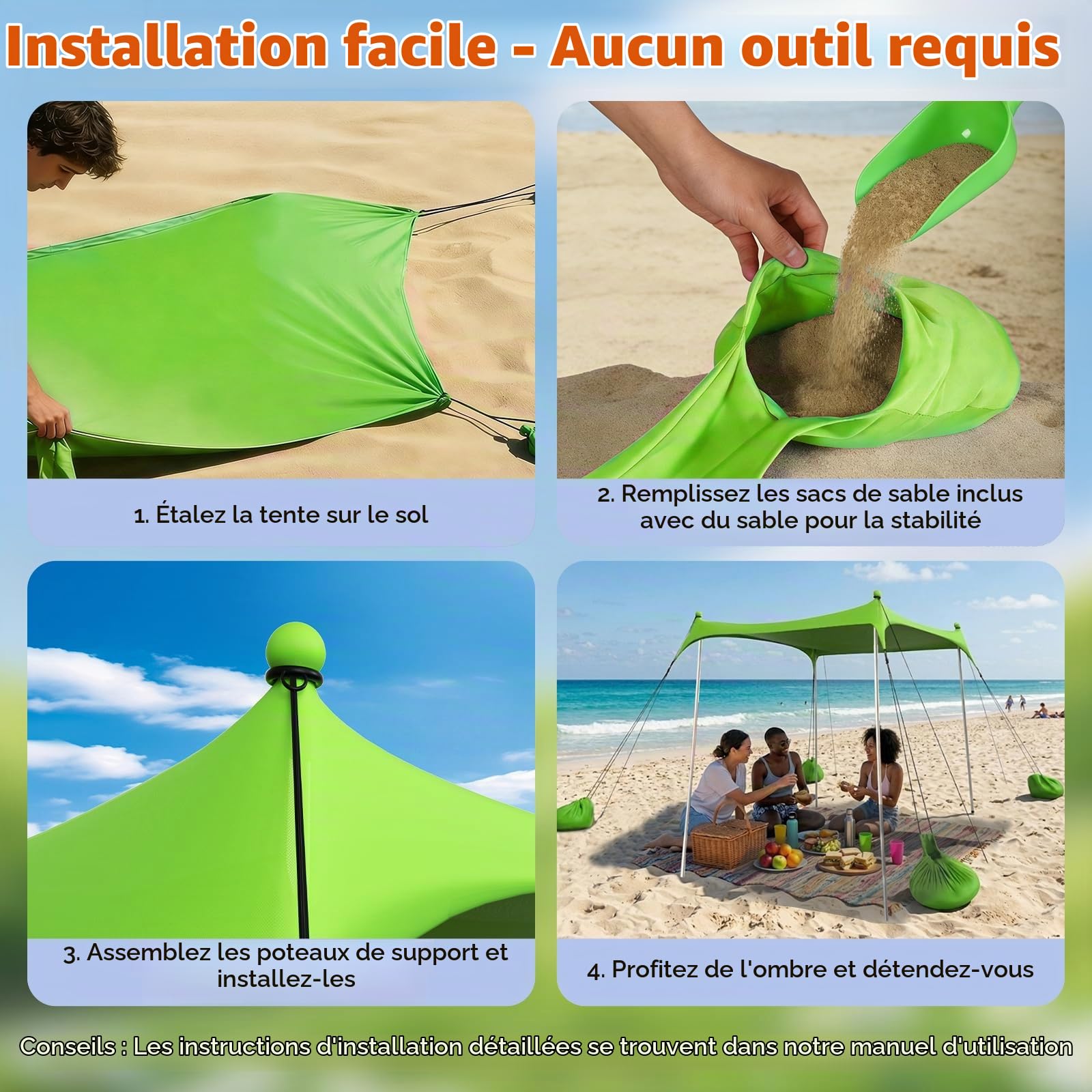 Tente de plage - 2 x 2,1 m - Protection UV UPF50+ - Design octogonal avec 8 piquets et 4 barres renforcées - Tente de plage compacte pour 2 à 3 personnes - Résistante au vent - Pour camping