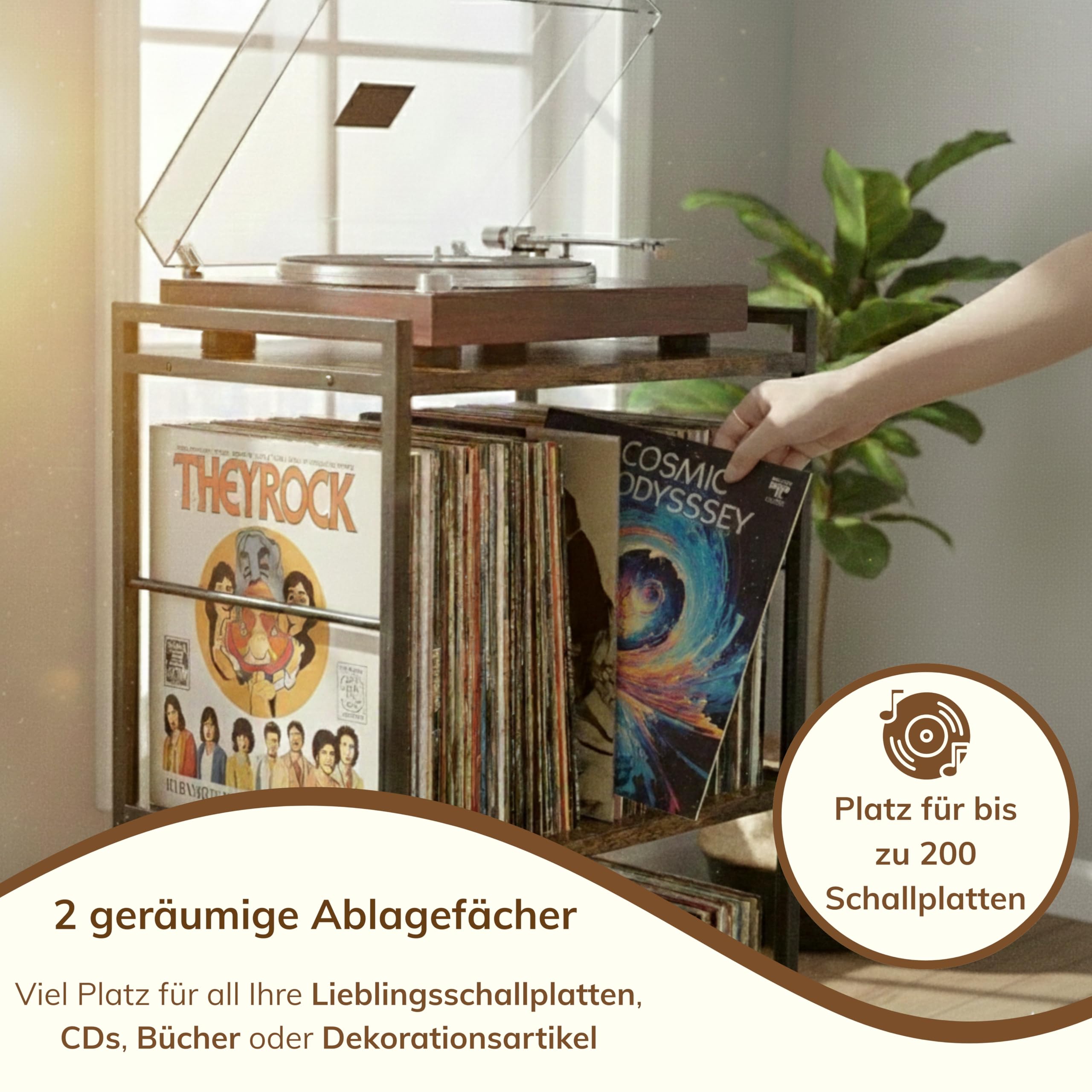 ACAZA Vinyl-Schrank – für Plattenspieler – 48 x 38 x 80 cm – Braun Vintage – Design Holz MDF – Aufbewahrungssystem Vinyl – Halterung LP – Schallplattenregal – Schallplattenschrank
