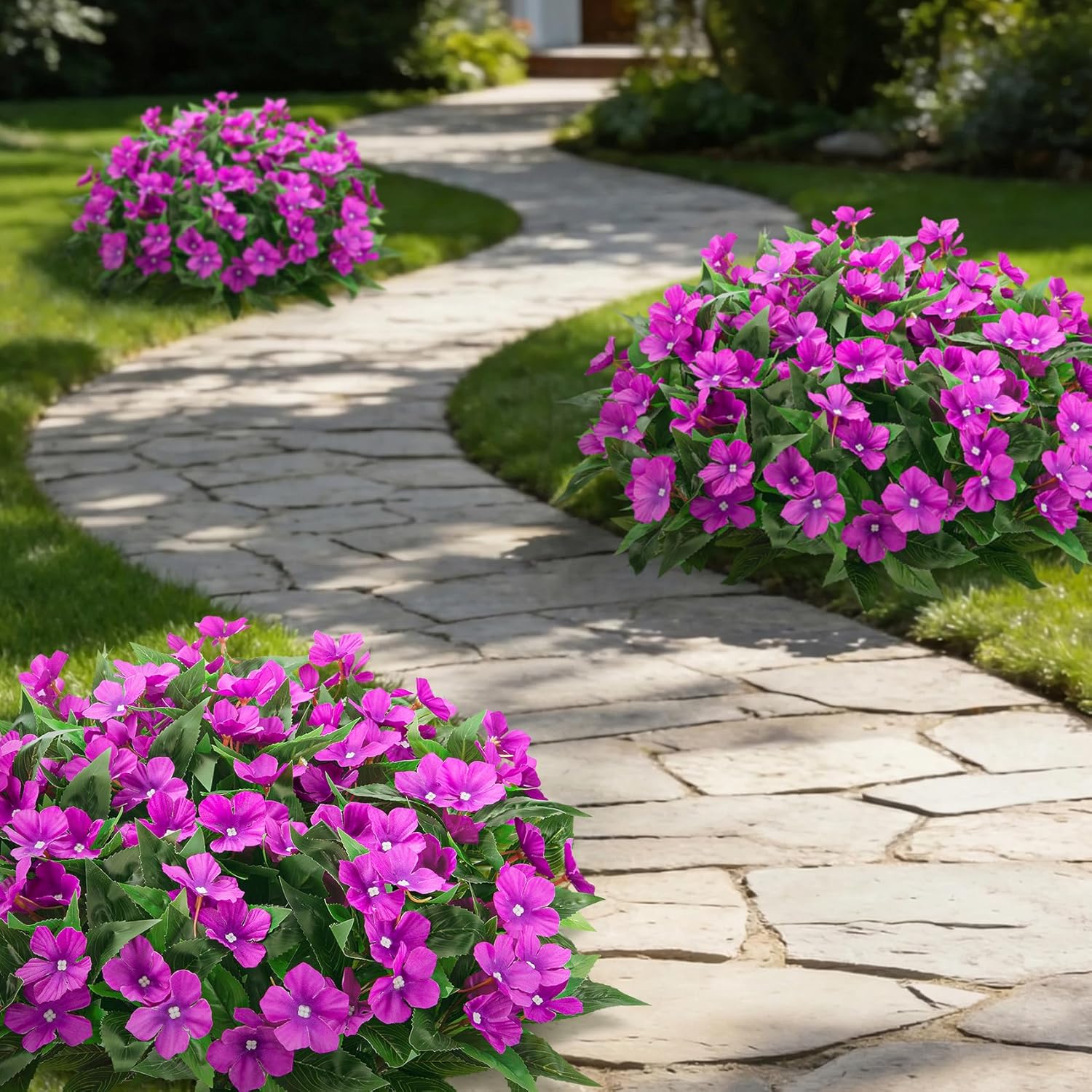 6 Pcs Artificial Flowers for Outdoors Fake Silk Periwinkle Flowers Faux Plants UV Resistant Bouquet Decorations for Planters Spring Summer Garden Porch Patio Window Box Balcony Home, Purple