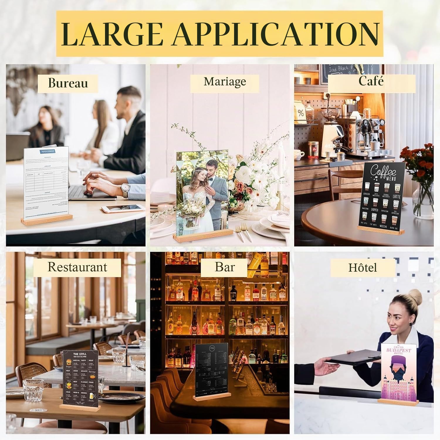 Lot de 6 présentoirs de table A6 - Double emplacement pour cartes - En acrylique - Avec pied en bois - Étiquettes de prix - Porte-cartes de menu - Format portrait - Double face - Pour