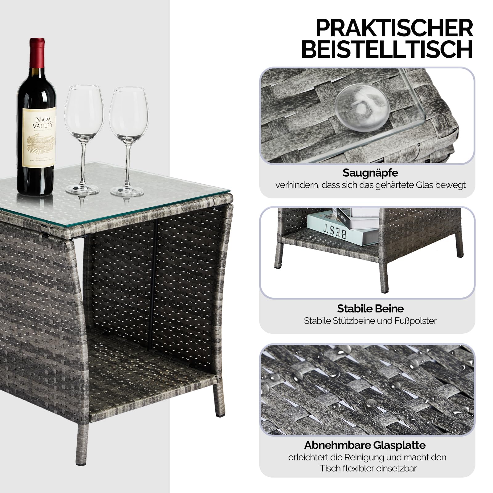 Bonnlo Rattan Beistelltisch mit Glasplatte, Balkonmöbel Grau, Gartenmöbel klein, Balkontisch Outdoor wetterfest, 46x46x50 cm