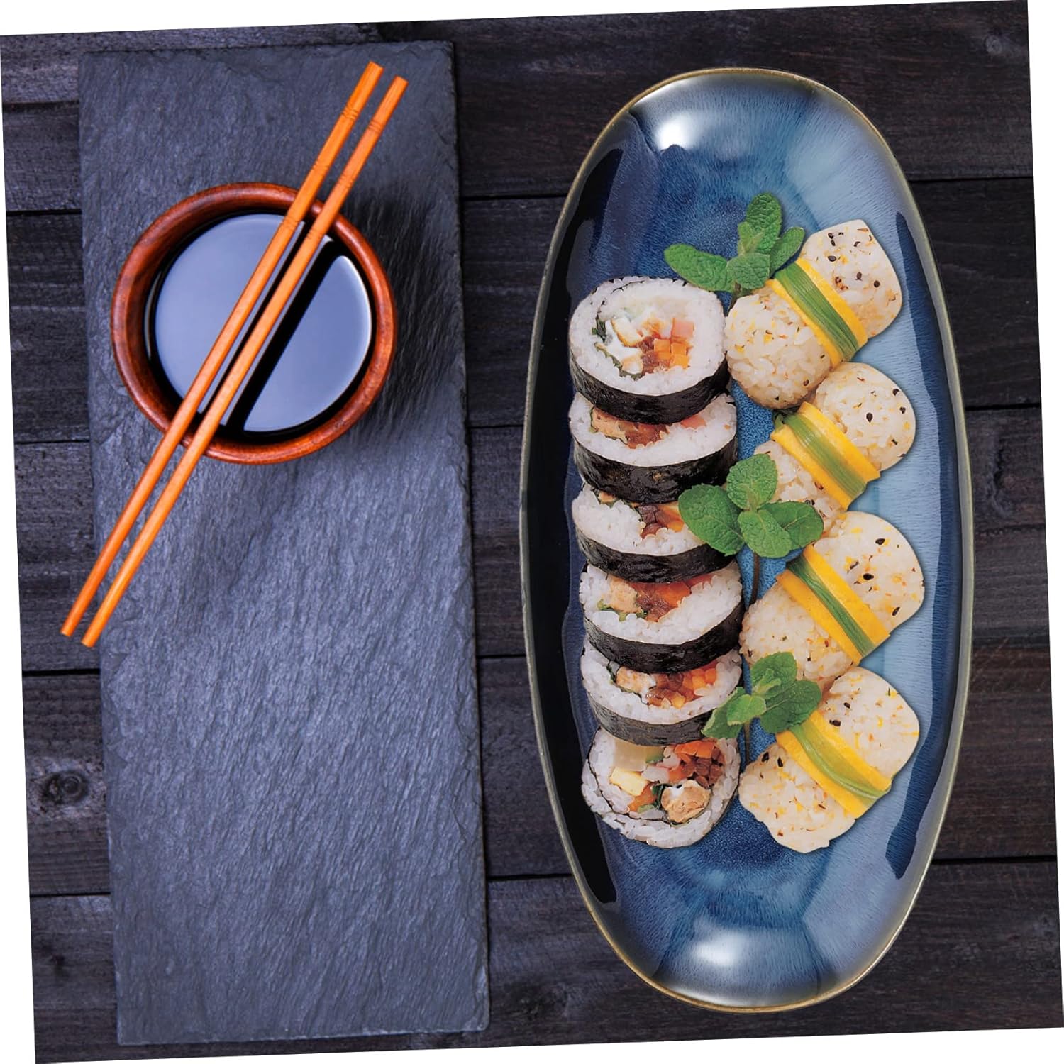 OUNONA Large Blue Ceramic Sushi Plate for Home and Restaurant Multi Function Food Serving Tray for Snacks Fruits Appetizers Premium Ceramic Serving Dish for Parties and Hotels