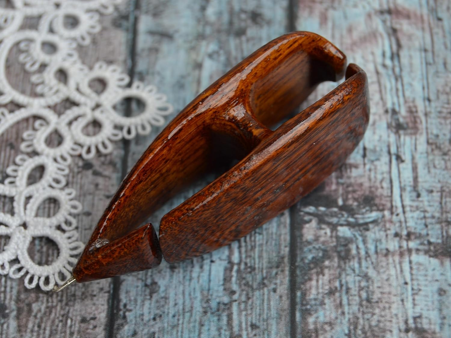 Wooden Tatting Shuttle with metal hook handmade navette
