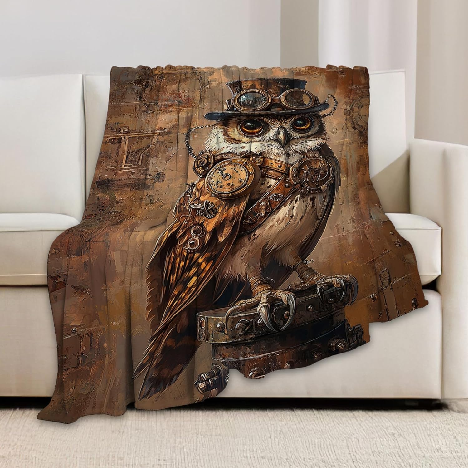 Retro Owl Blanket, Steampunk Throw Blanket, Owl Gifts, Vintage Blankets, Owls Stuff Fleece Flannel Plush for Women Men Boys Girls Lovers Adults Soft Bedding for Sofa Bed Office Home Decor 80"X60"