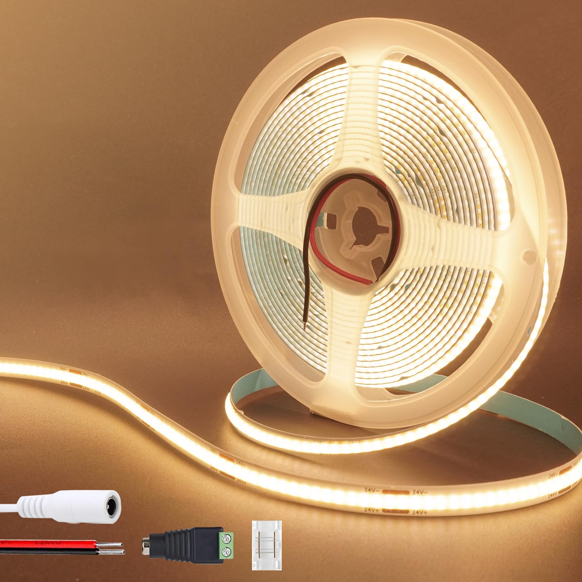 Clearhill Women's Warmwhite-3000K 24V Cob Led Strip Lights(No Power Supply),9.84Ft/3M,Warm White 3000K,320Leds/M,With 5521Dc And Red And Black Wire Connectors,8Mm Width,Ip20,For Diy Home Indoor Decoration