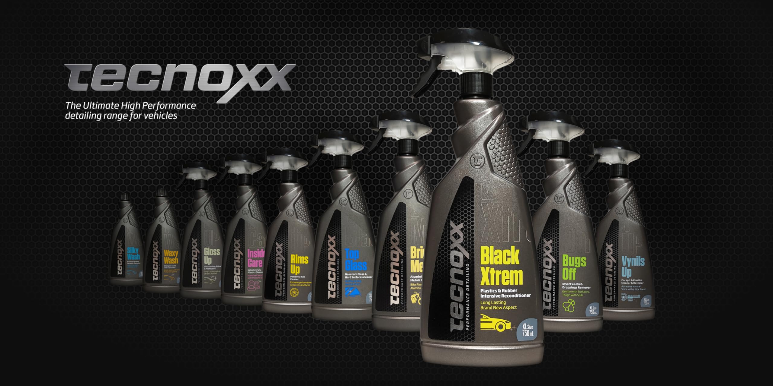 Tecnoxx - Kit Detailing 360 Set di 3 Prodotti per Pulizia Interna ed Esterna delle Auto con Idratante per Cruscotto Pulisci Schermi Touch Prodotto Multifunzione Set di Pennelli e 2 Panni in Microfibra