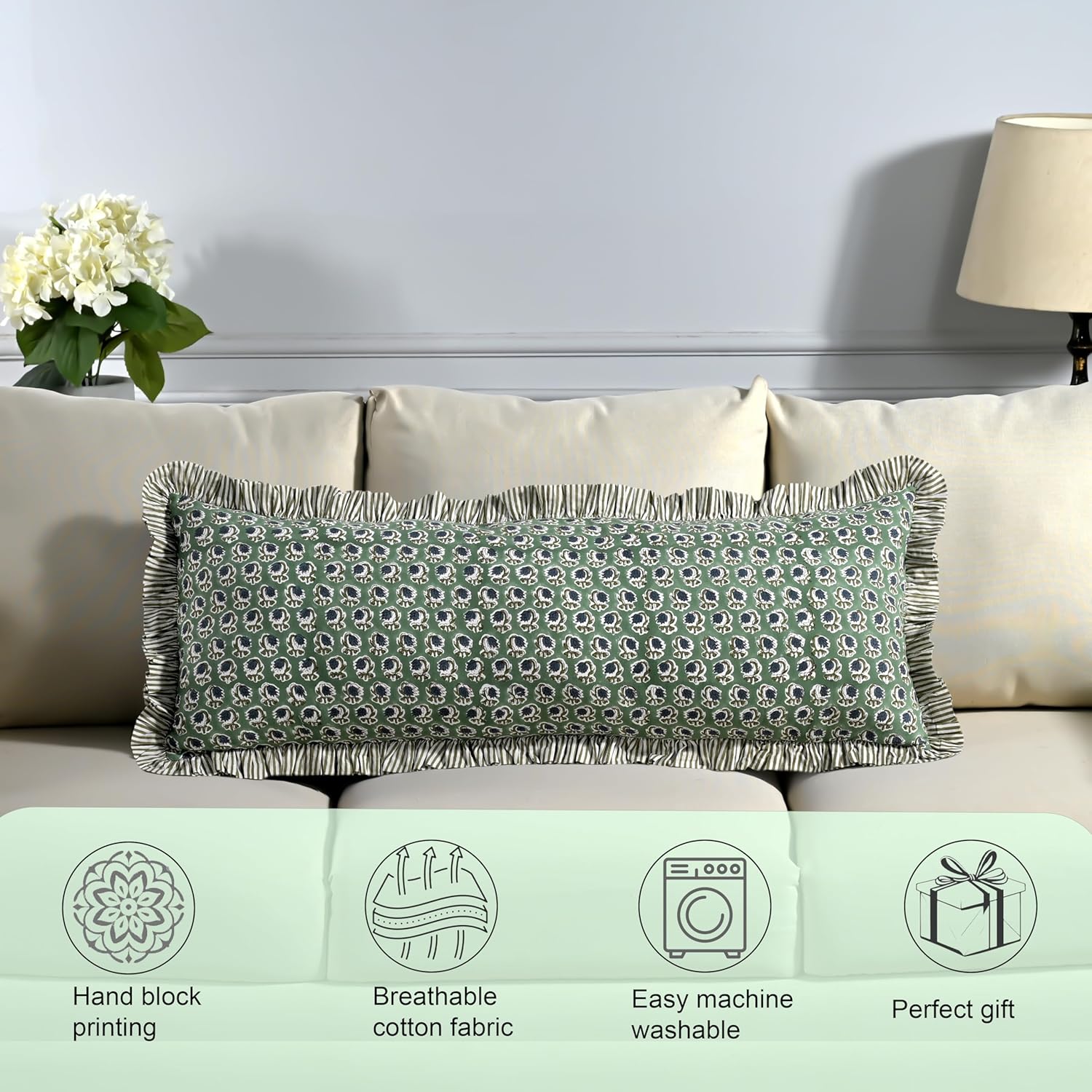 Ridhi Block Print Basil Green 36"x14" Set 1-100% Cotton Ruffle Lumbar Sham Cover Boho Floral Pillowcase, Farmhouse Cottagecore Bedding, Soft Decorative Cover Gift for Spring, Easter, Valentine