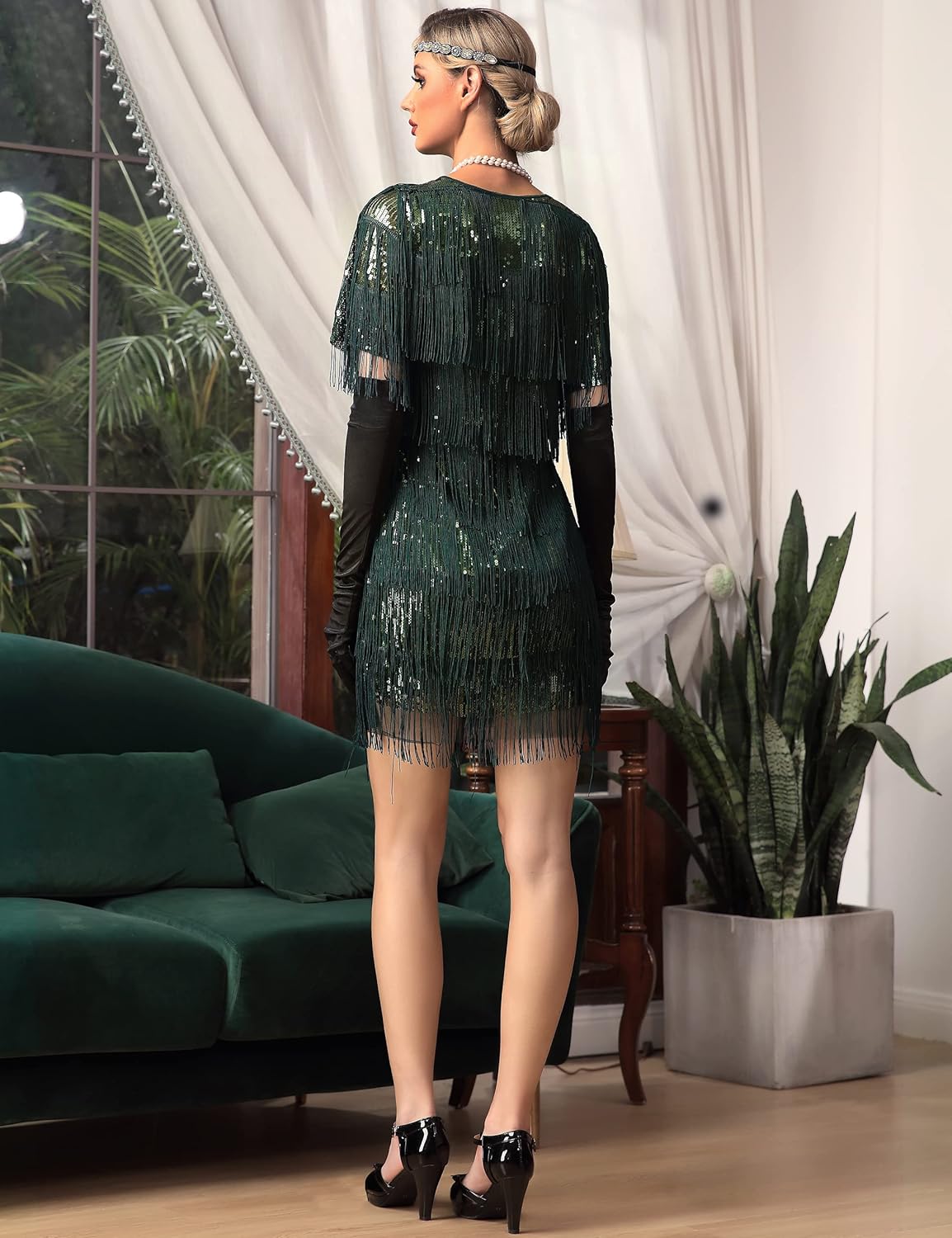 PrettyGuide Women's Flapper Dresses with Sleeves Tiered Long Fringed Sequin 1920s Great Gatsby Cocktail Dress Costume