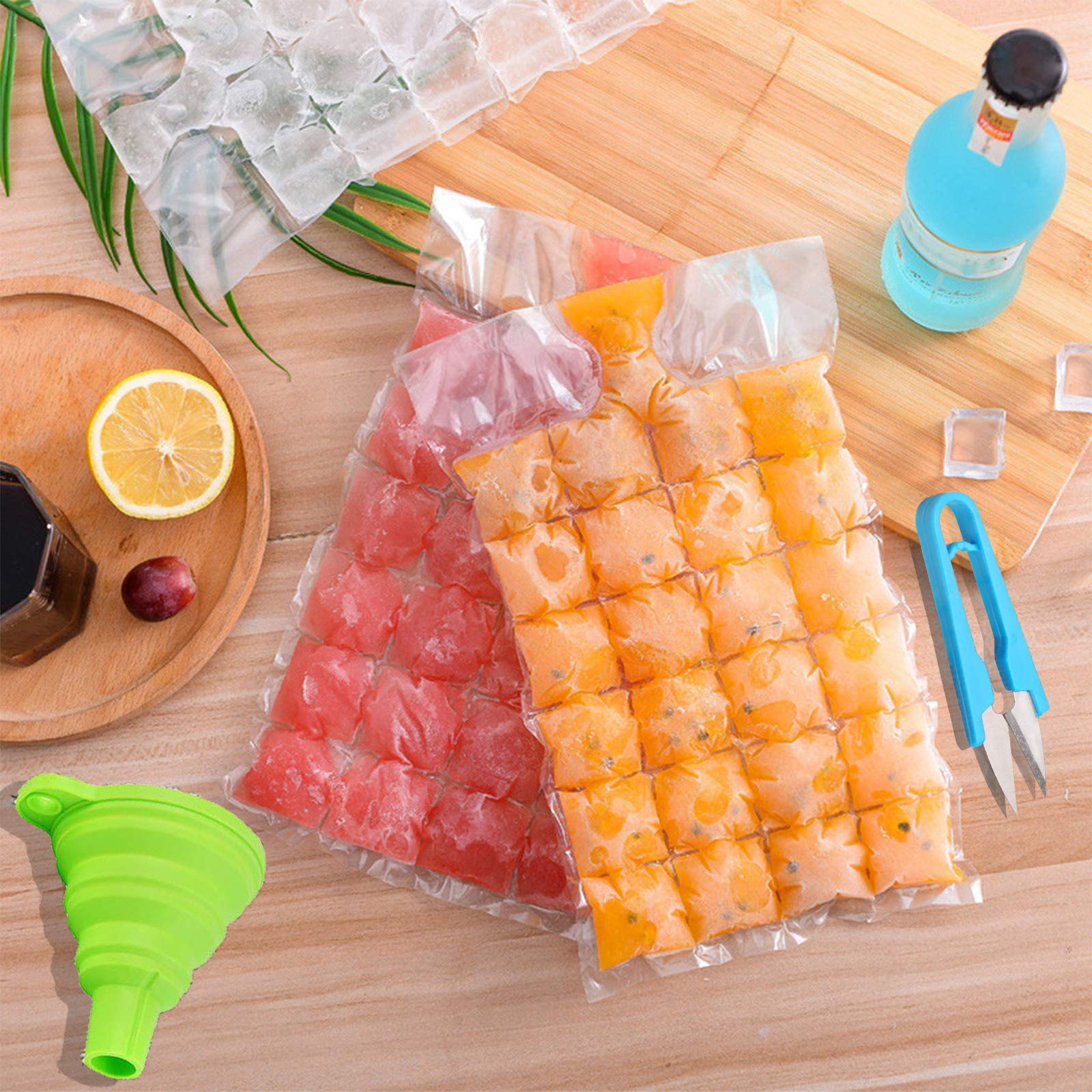 50PCS Disposable Ice Cube Bags (1200 Ice Cubes)Stackable Easy Release Ice Cube Mold Trays with Folding Funnel and U-Shaped Scissors Random Color for Cocktail Food Wine Homemade Drink
