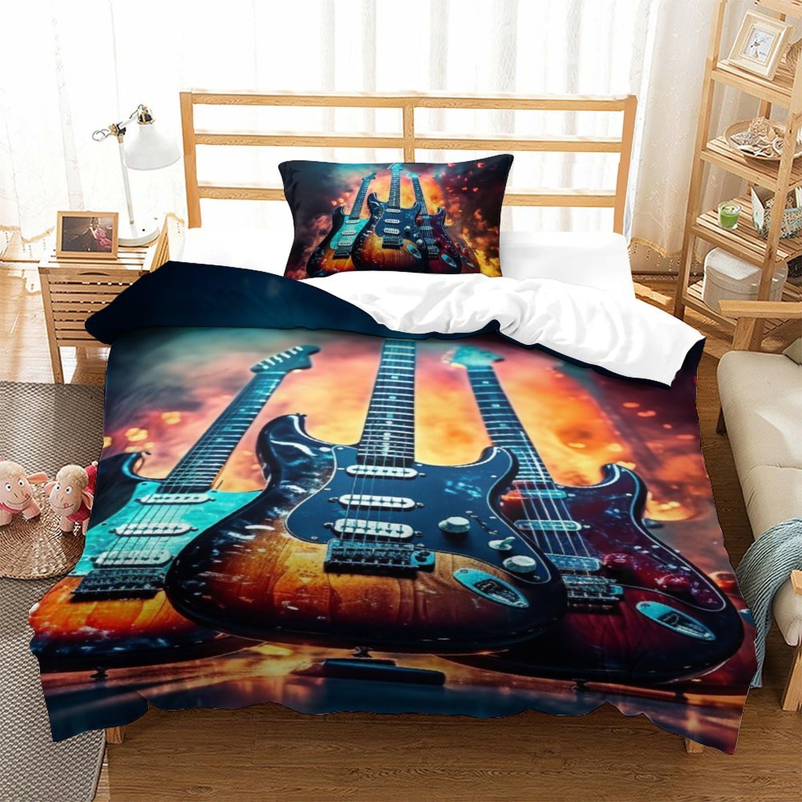 Xfklynvcj Style-1 3D Printed Guitar Duvet Cover With Pillowcases Bedding Set With Zipper 3Pcs Soft Microfiber Quilt Cover Set Single（135X200cm）