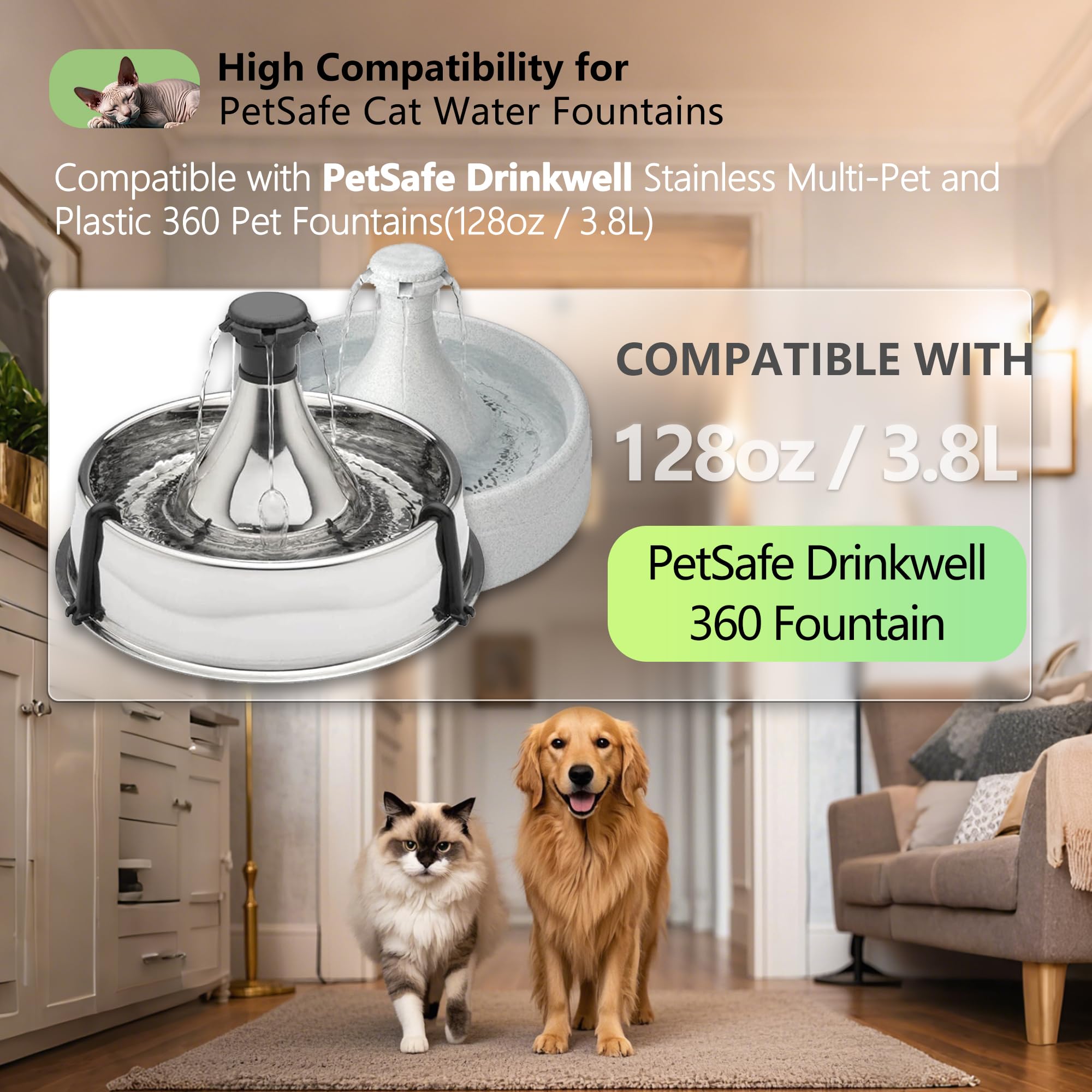 4+4 Pack Premium Cat and Dog Water Fountain Carbon Filters Compatible with PetSafe Drinkwell 360 Multi-Pet Stainless Steel & Plastic Pet Fountains(128oz/3.8L) with Replacement Foam Filter - image 3