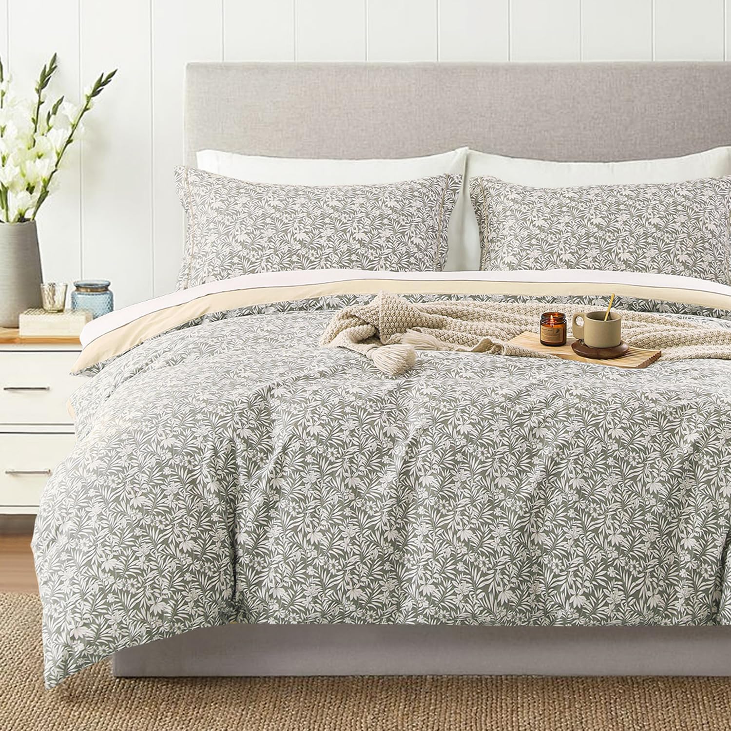 100% Cotton Duvet Cover King Size 3PC - Elegant Design with White Botanical Branches on Soft Gray, Reversible Beige Back, Button Closure, Luxurious Vintage Bedding Sets (King, 104"90")
