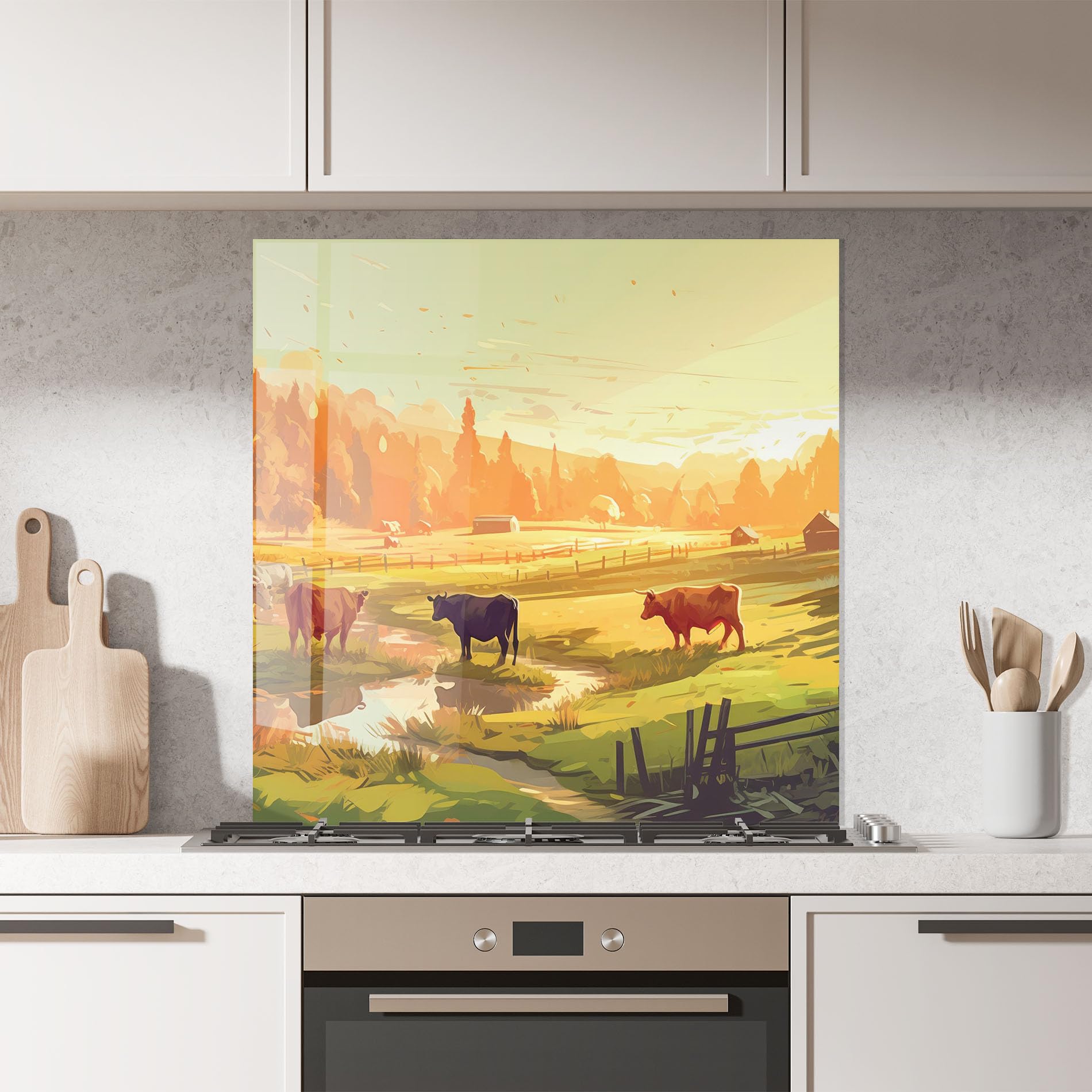 ARTHUB® Crédence de Cuisine en Verre 60x60 cm, Farm Sunlight | Protection Contre Les éclaboussures, Revêtement Mural en Carreaux, Plaque en Verre, Verre trempé, Paysages, Campagne