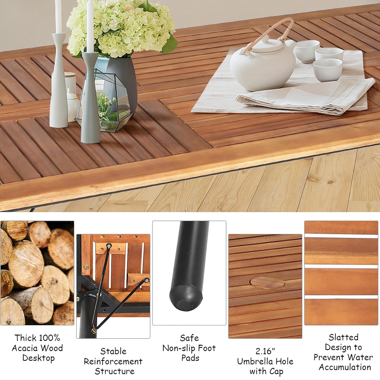 Close-up of the acacia wood table top, showing stable reinforcement structure, non-slip foot pads, and the umbrella hole with cap.