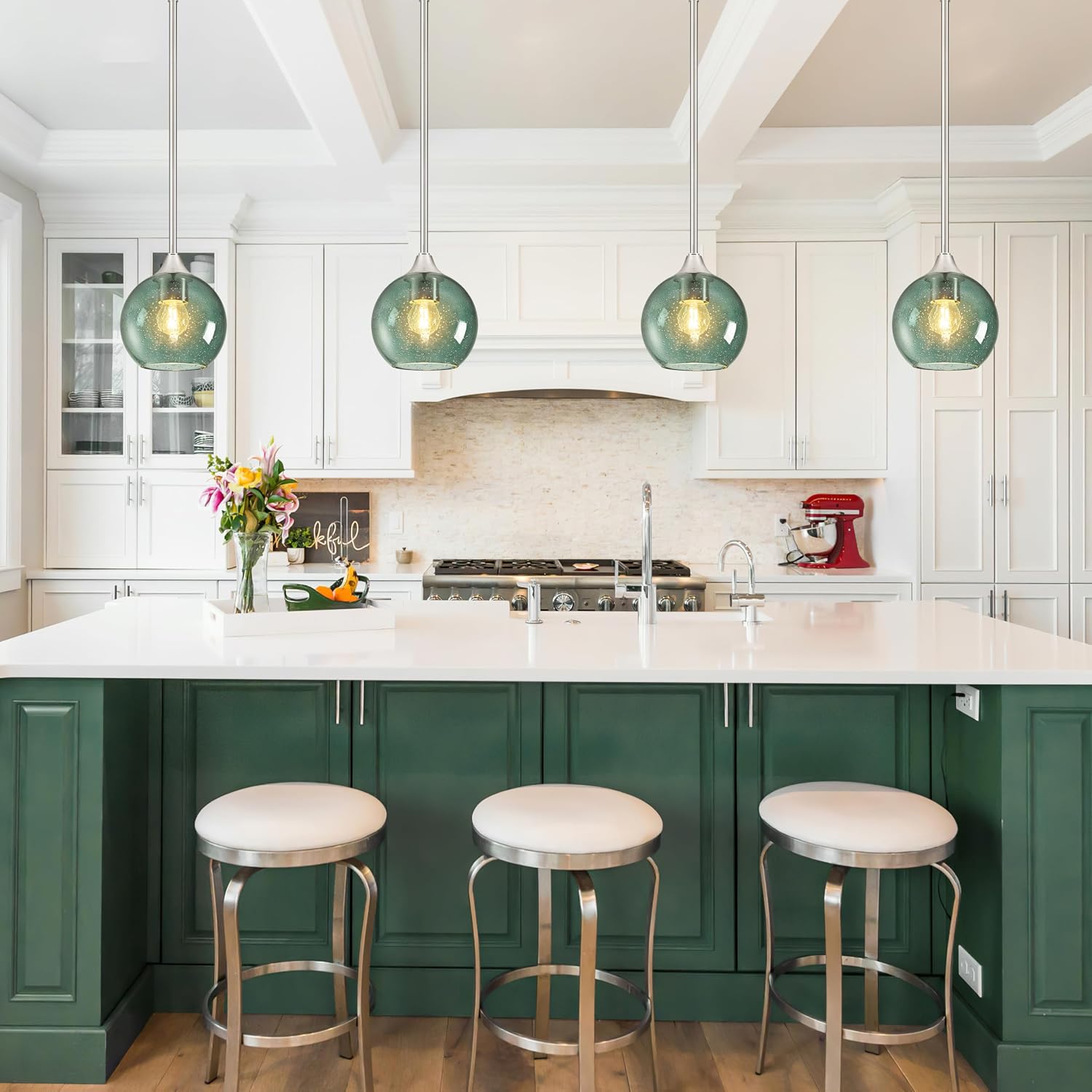 6" Gray Green Glass Modern Pendant Light Kitchen Island Mid Century Brushed Nickel Modern Pendant Lighting with Glass Globe Modern Hanging Pendant Light for Dining Room（Bulb Incl.）