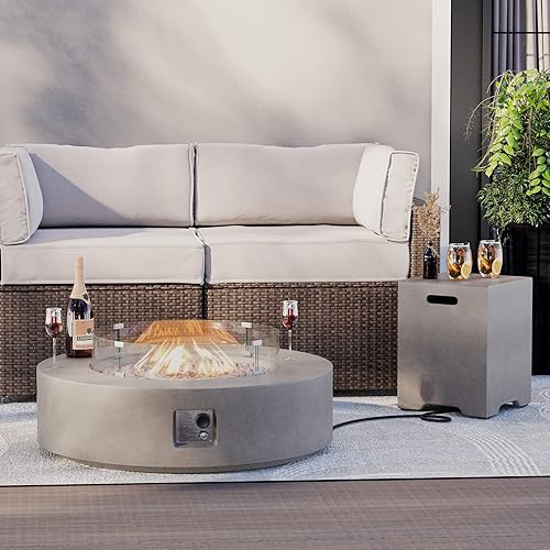 HOMPUS Mesa redonda de propano para exteriores, mesa de fuego de 41 pulgadas con protector contra el viento y mesa de cubierta de tanque de 20