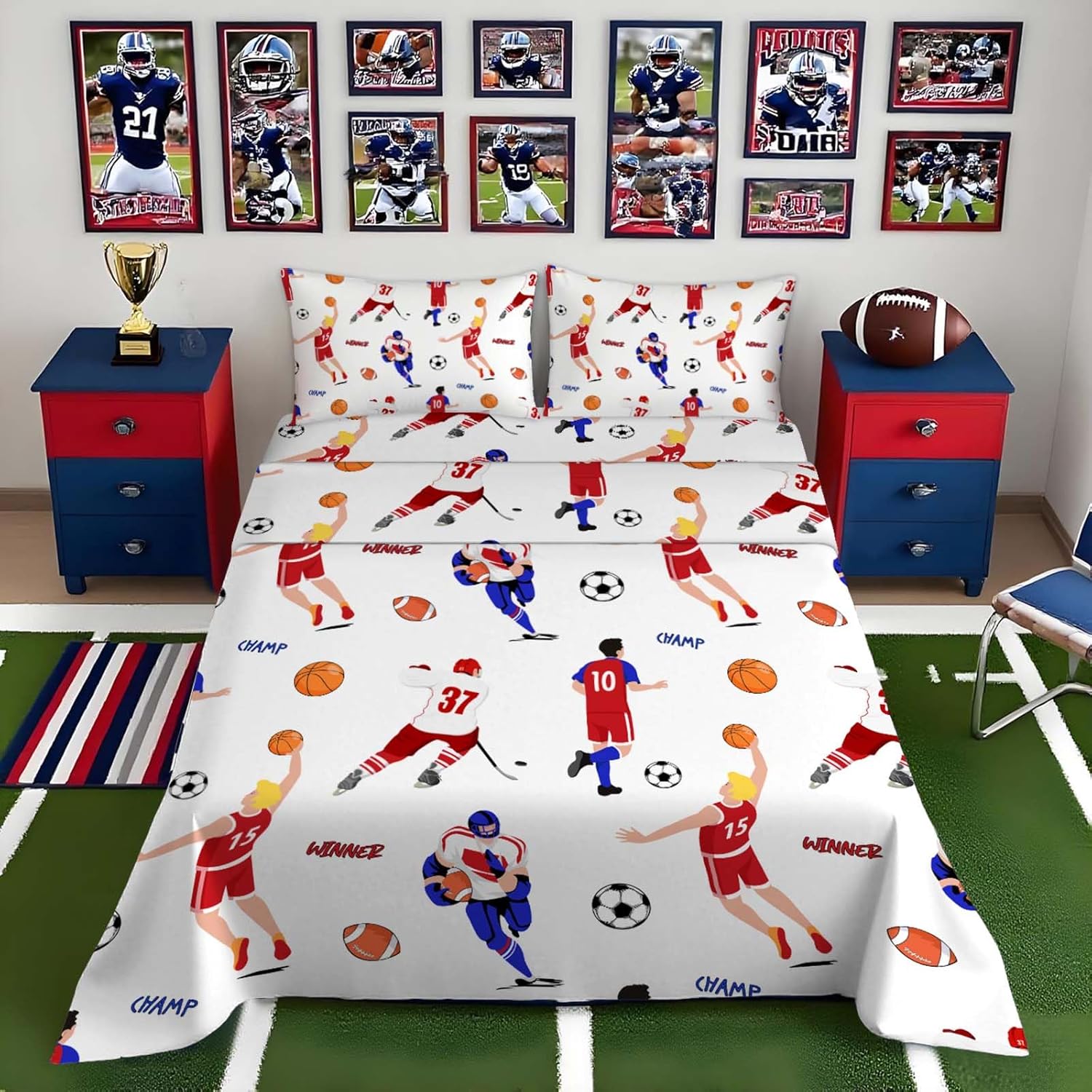 Kids Queen Sheets 4Pcs Sport Baseball Sheets Queen Football Sheet 3D Printed Washable Machines Sheet Set