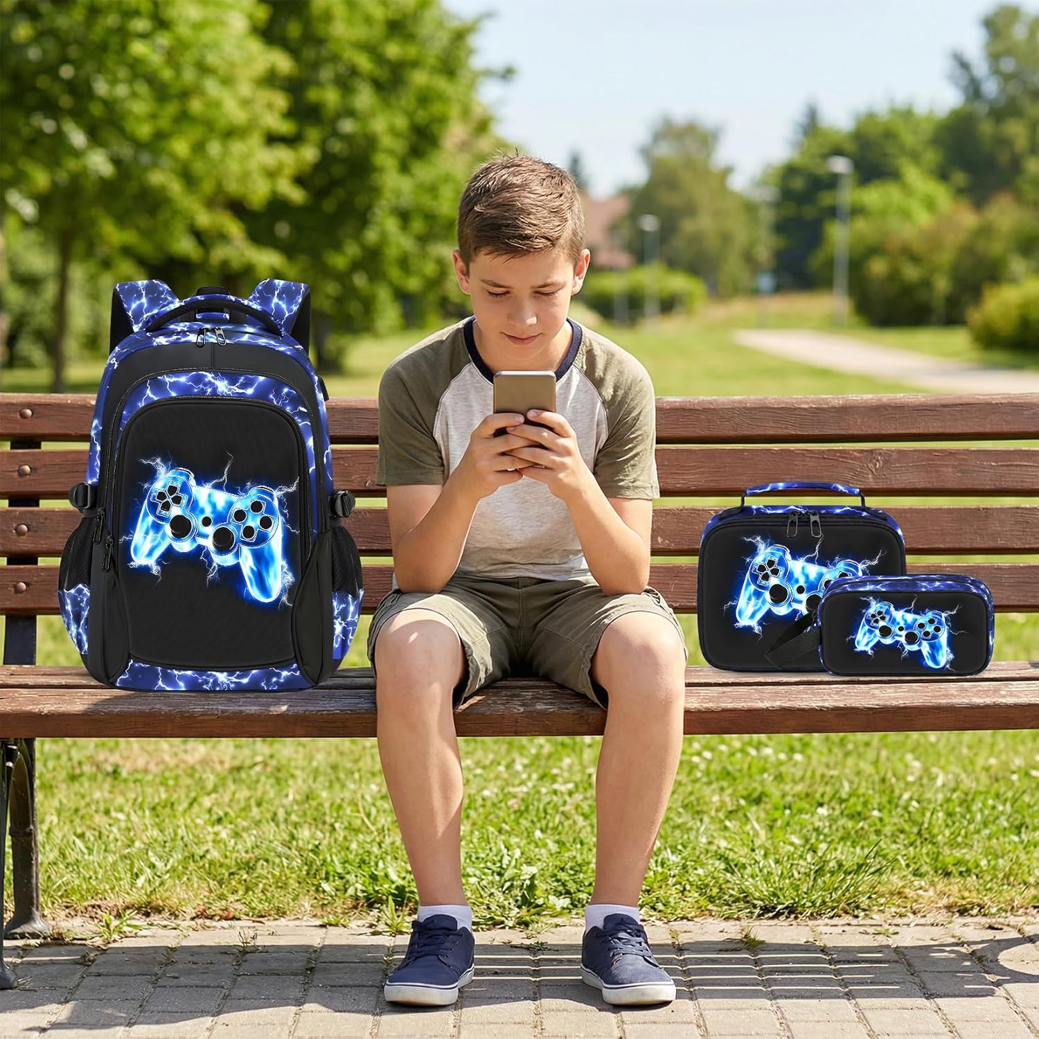 School Backpack for Boys - 4pcs Gamer Boys Backpack with Lunch Box Set for Kids Teens Elementary Middle School, 18" Large Capacity Waterproof Bookbag with Usb Charging Port, Daypack for age 6-18