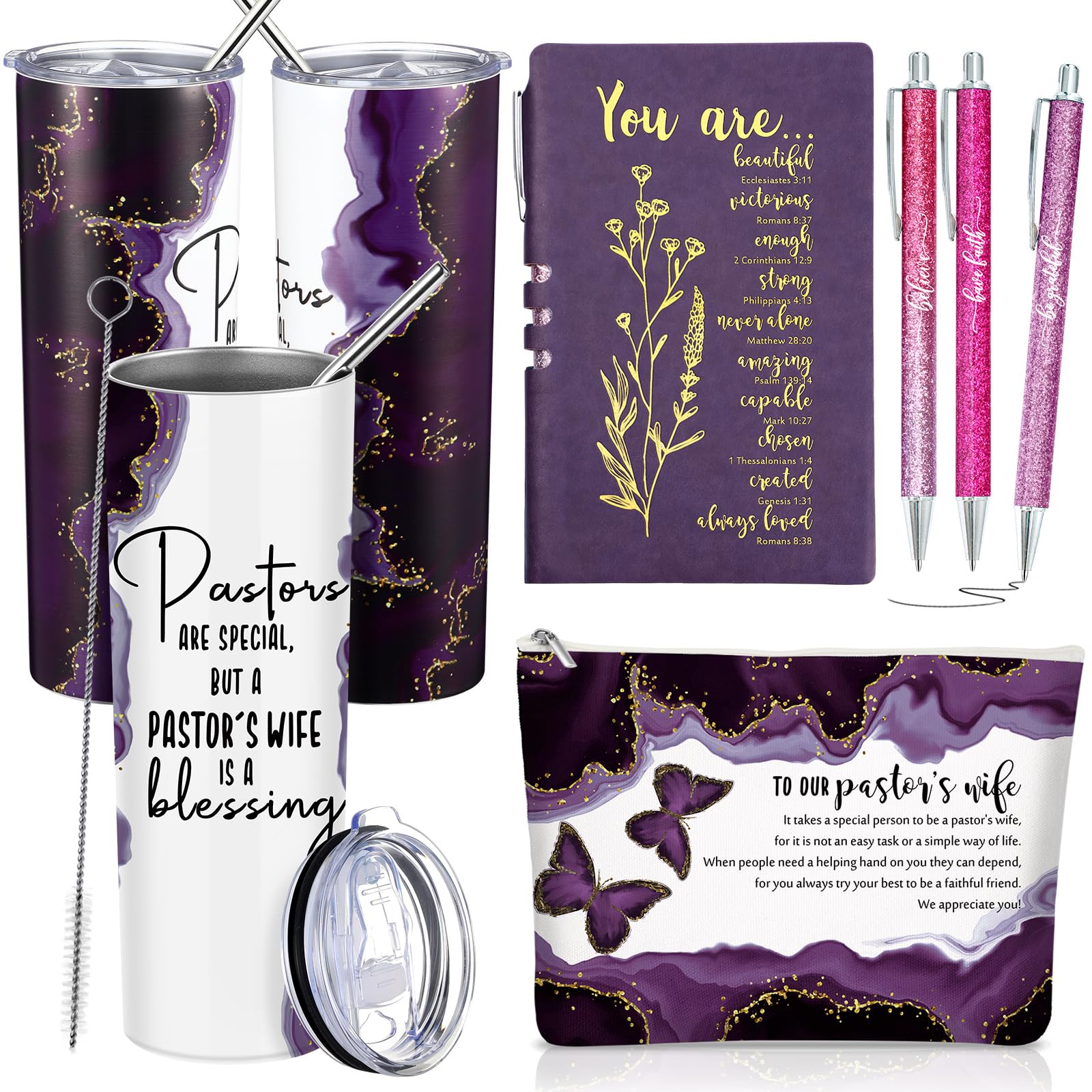 WatersayWatersay 6 Pcs Pastor's Wife Appreciation Gifts 20oz Marble Tumbler Christian Makeup Bag A6 Journal Ballpoint Pens Inspirational Religious Thank You Gifts for Pastors Bishop Wife Women(Purple)