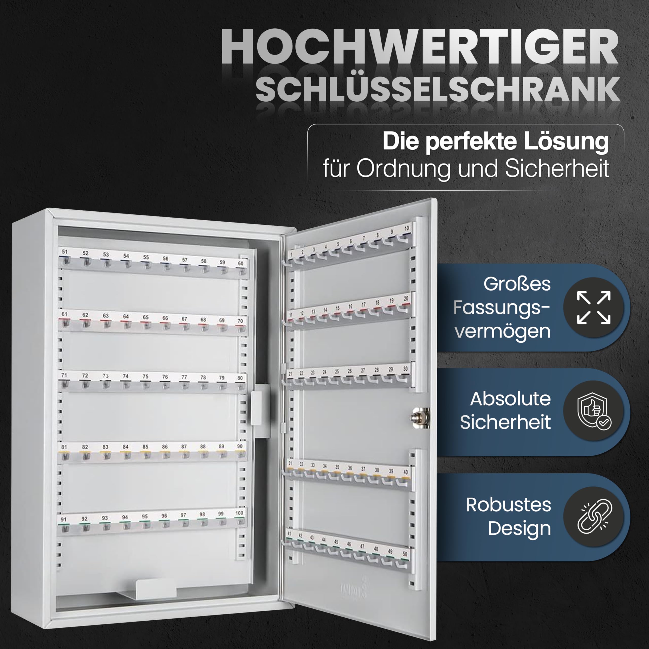 Schlüsselkasten SD200 – Schlüsselschrank mit 200 Haken, robuste Schlüsselbox aus Stahl, abschließbarer Safe, magnetische Außenseite, höhenverstellbare Leisten, Wandmontage (55x38x14cm)