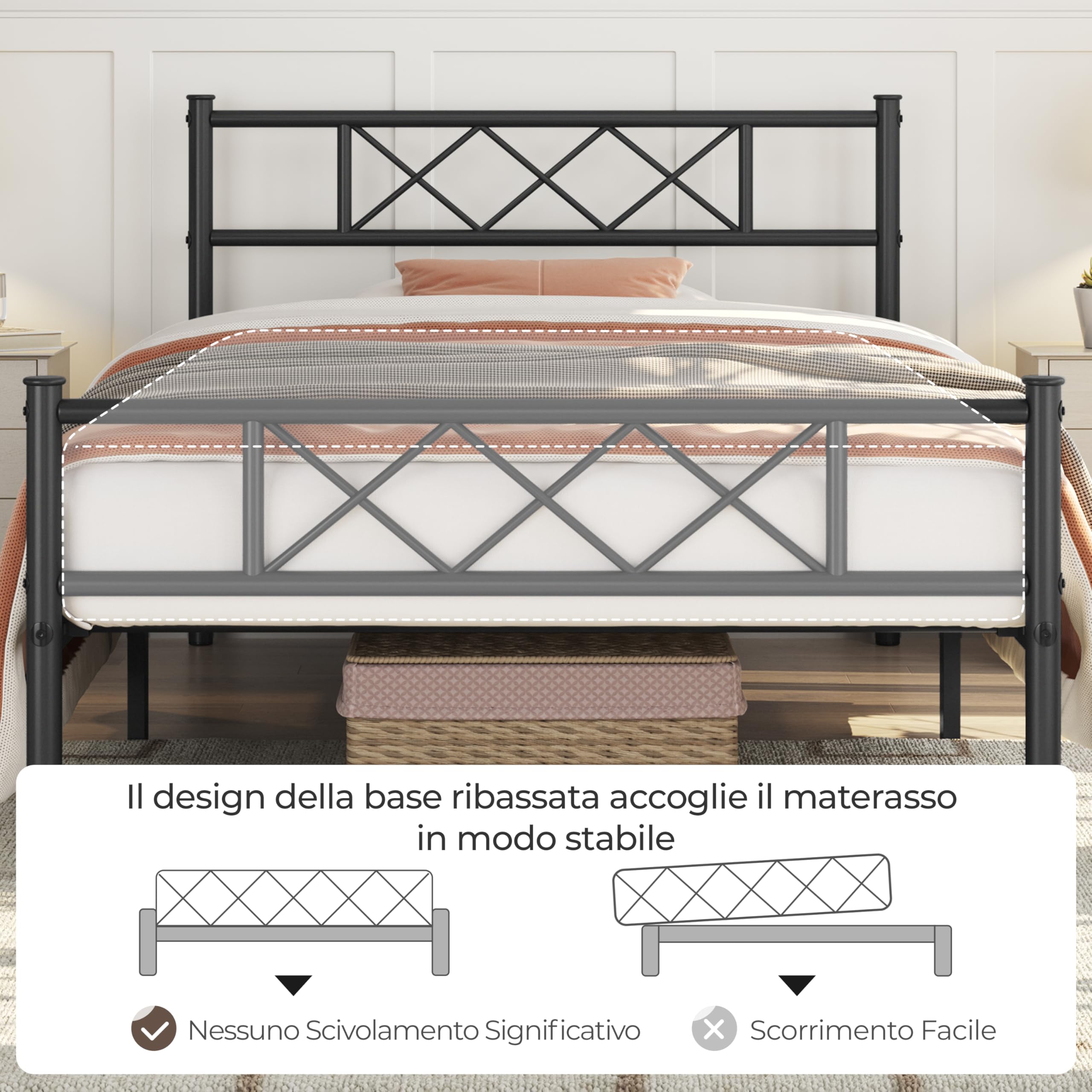 Yaheetech Struttura Letto Singolo in Metallo Ferro con Testiera a Forma di X Telaio con Rete a Doghe per Camera Dormitorio 90 x 190 cm Nero