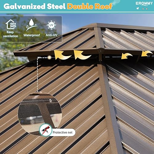 Miniatura 3 de EROMMY - Kiosco de techo rígido de 12 x 16 pies, kiosco de techo doble de acero galvanizado con marco de aluminio, permanente, de metal, para