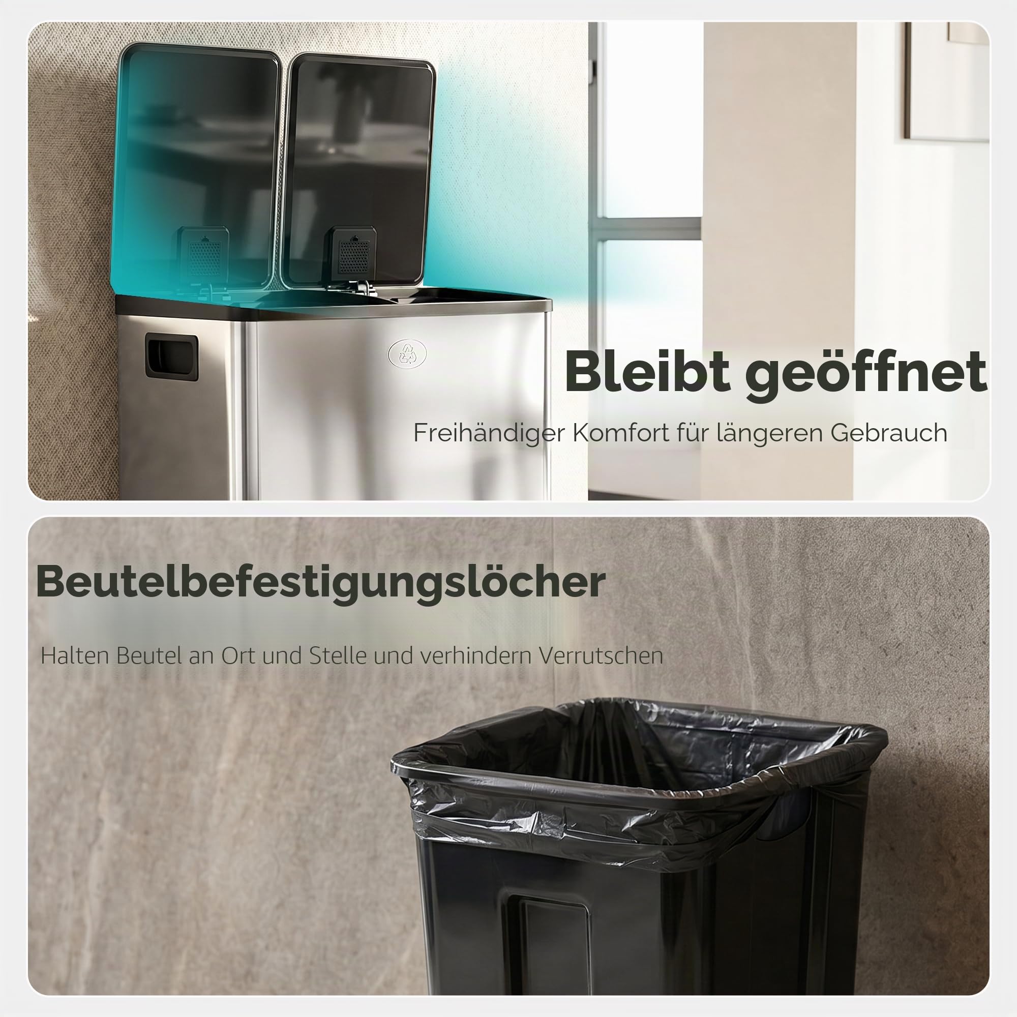 HOMCOM Mülleimer aus Edelstahl mit Softclose Deckel, 2 x 20L Silber | Abfalleimer, Mülltrennsystem, Herausnehmbare Inneneimer, Deodorant-Fächern, Treteimer für Wohnung