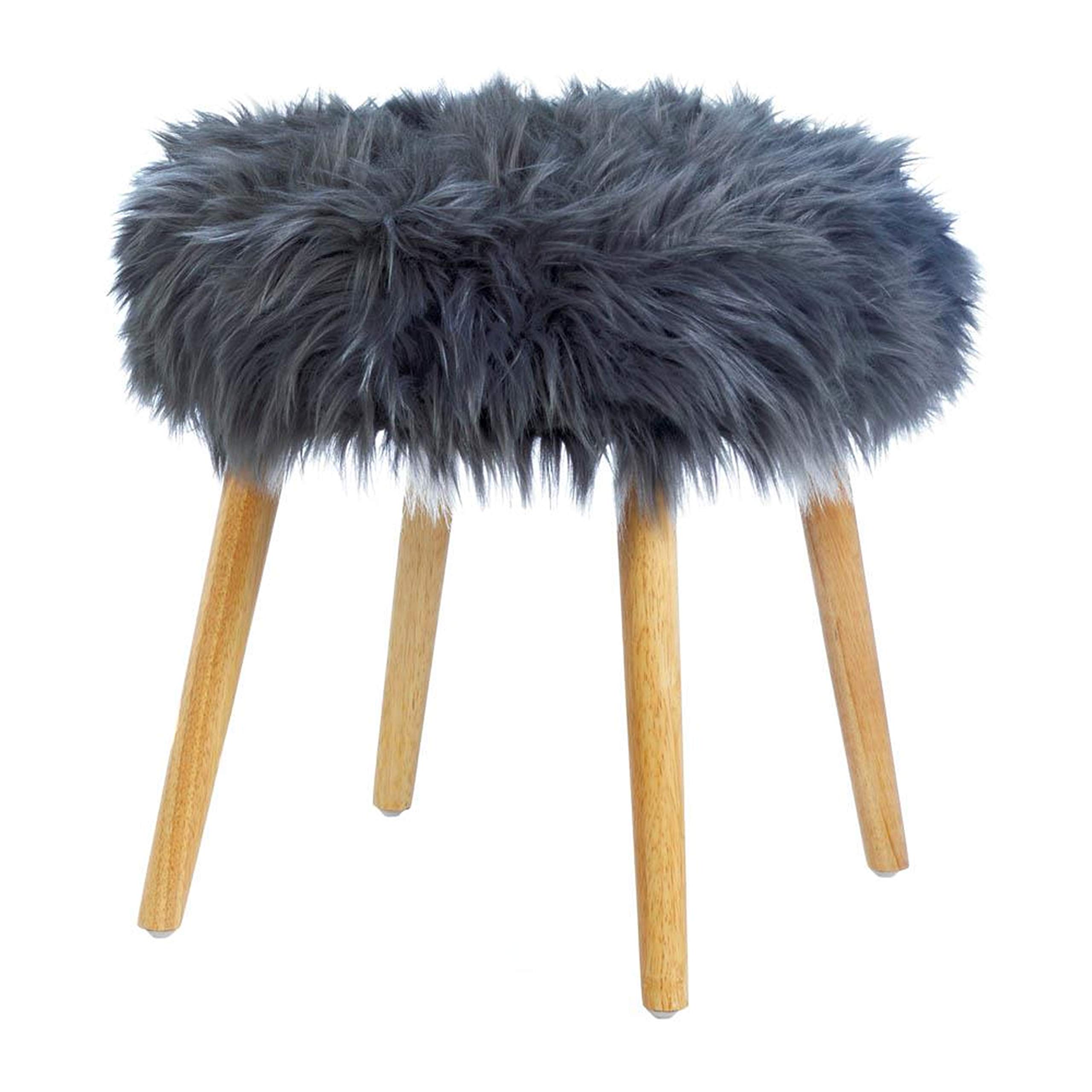 Faux Fur Ottoman, Chic Makeup Vanity Stool, Grey Round Mid Century Ottoman, Stylish Stool Fuzzy, Modern Accent Stools, Contemporary Furry Ottoman Stool, Gray Flokati Ottoman for Closets