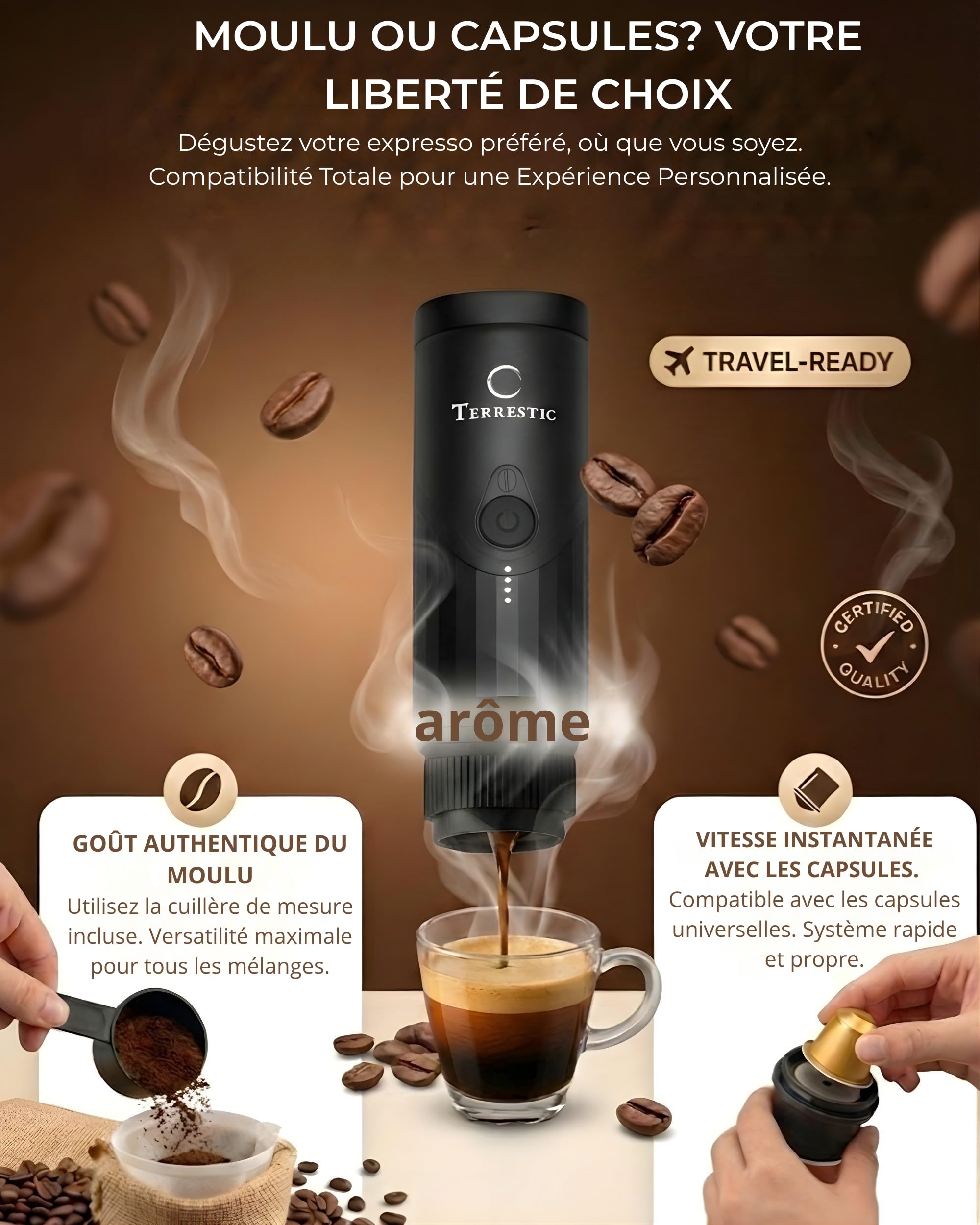Machine à Café Expresso Portable Électrique – Compatible Capsules Nespresso et Café Moulu, Rechargeable USB-C, avec Étui de Transport Rigide, Idéale pour Voiture, Camping et Voyage