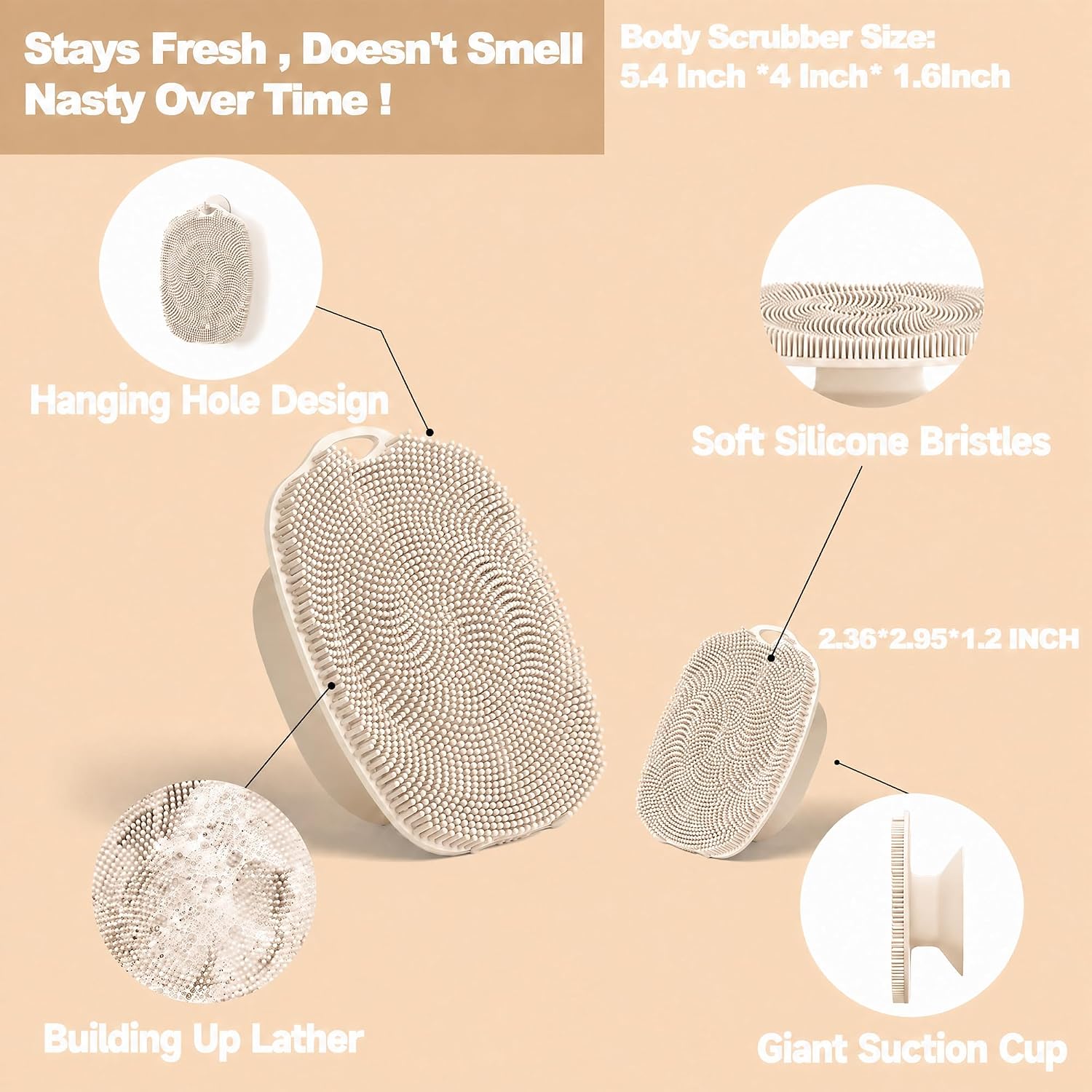 Soft Silicone Body Scrubber, Face Scrubber Silicone, Gentle Texture Exfoliating Body Scrubber for Men and Women On Sensitive Skin, Back Large Suction Cup for Easy Dry and Storage (Beige)