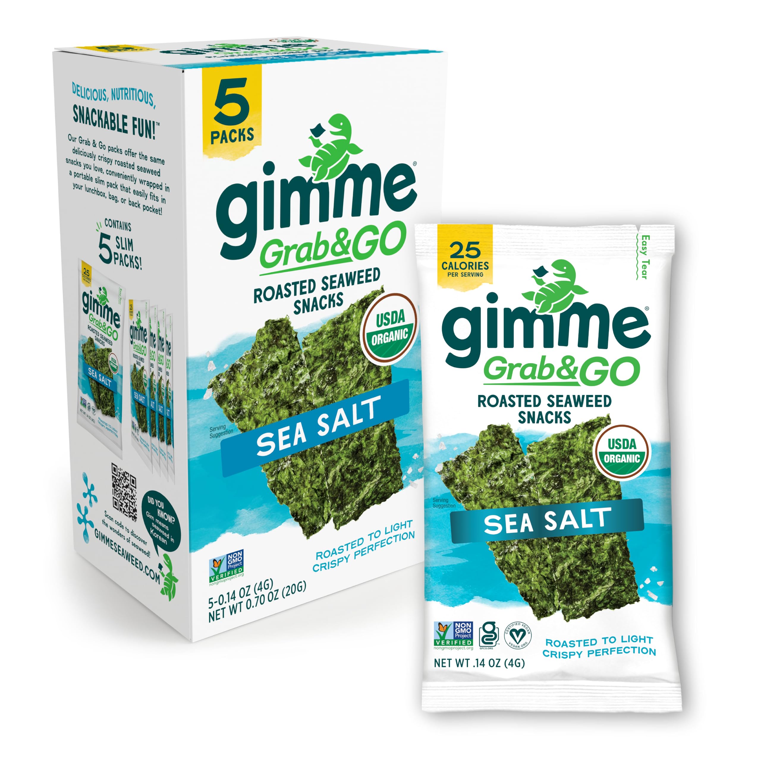 Gimme Seaweed Grab & Go Organic Premium Roasted Seaweed Snacks, Sea Salt, 5 Count Trayless, Keto, Vegan, Gluten-Free, Great Source of Omega3s and Iodine, Healthy On-The-Go Snack for Kids and AdultsUSDA Organic