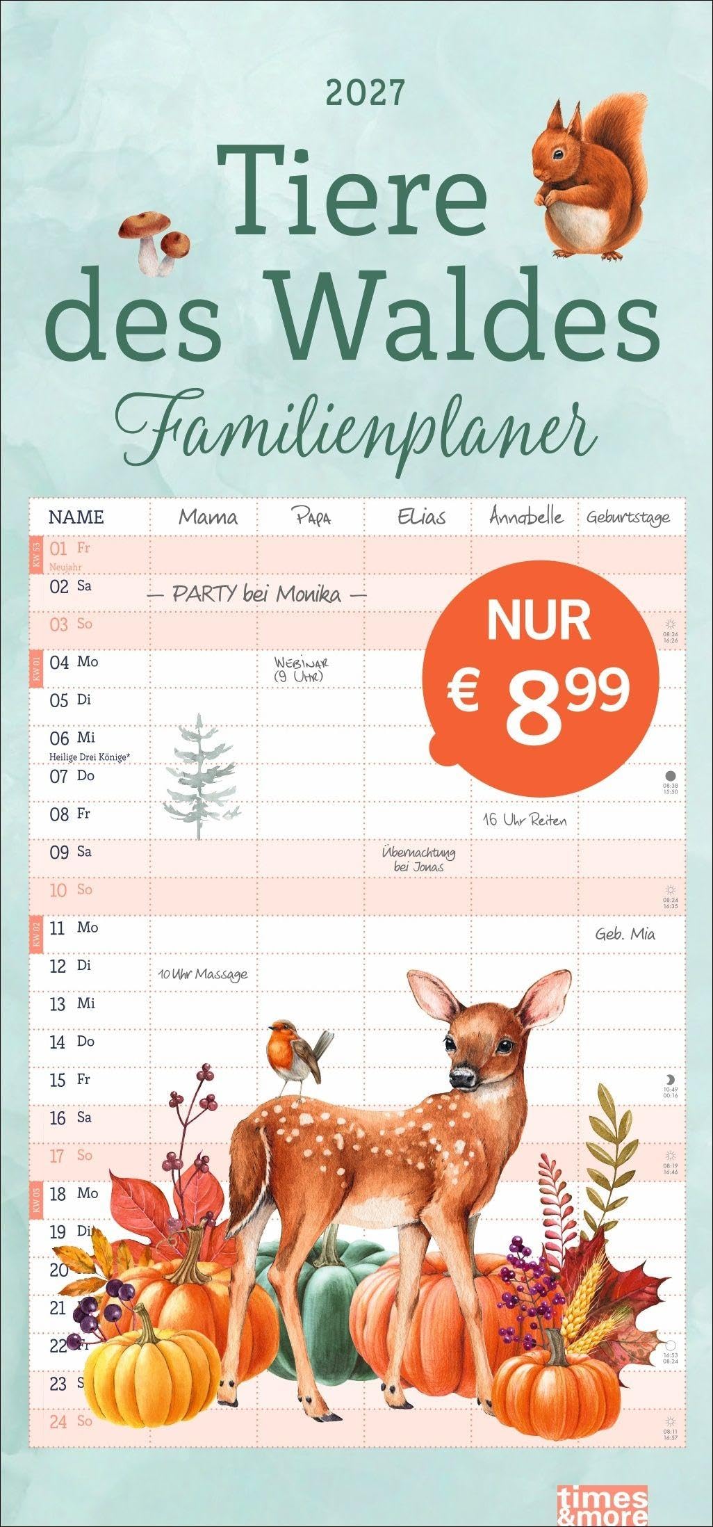 tm Tiere des Waldes Familienplaner 2027: Wandkalender 2027 zum Eintragen mit zauberhaft illustrierten Waldtieren. Familienkalender mit 5 Spalten Platz für alle wichtigen Termine