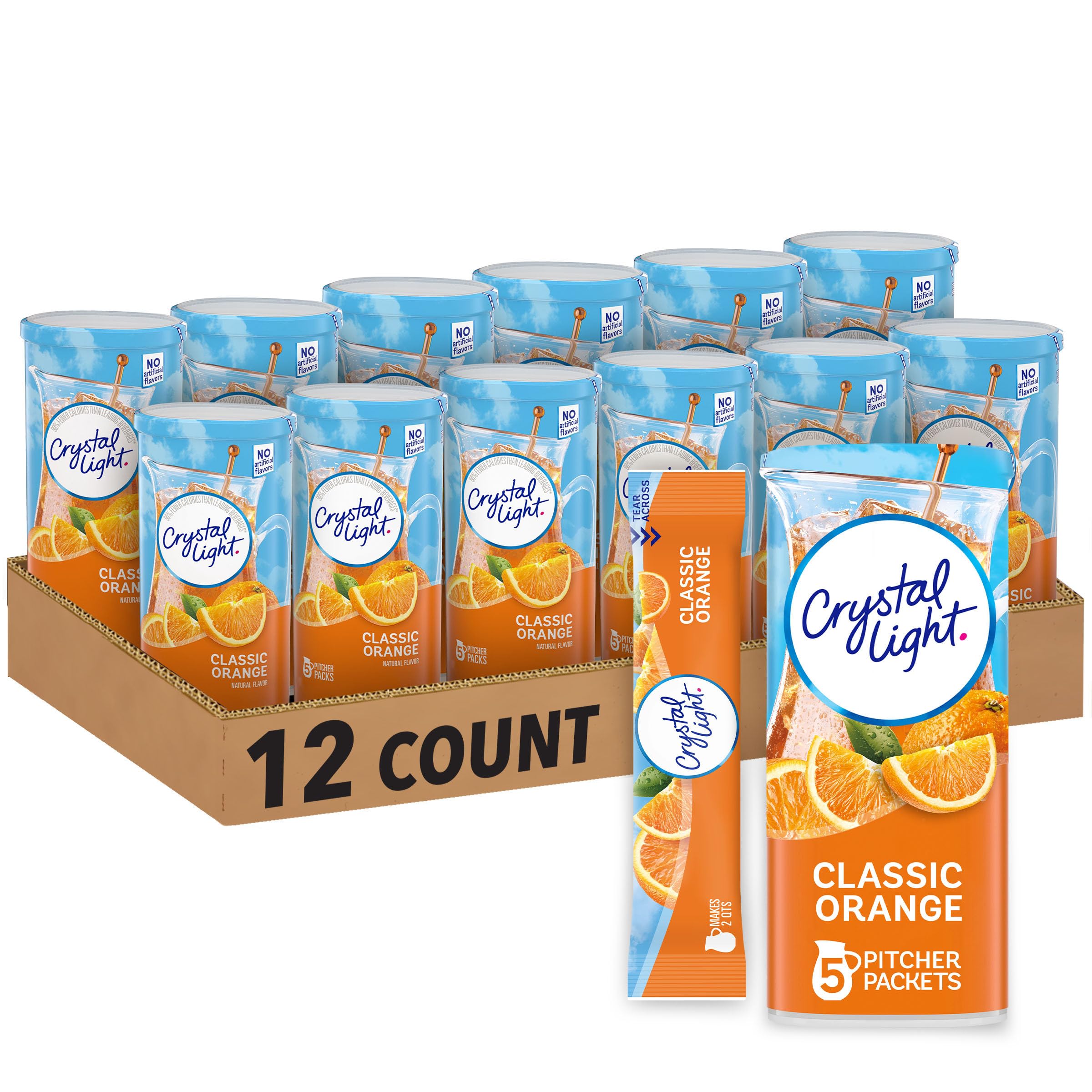 Crystal Light Classic Orange Naturally Flavored Powdered Drink Mix, 60 ct Pack, 12 Canisters of 5 Pitcher Packets
