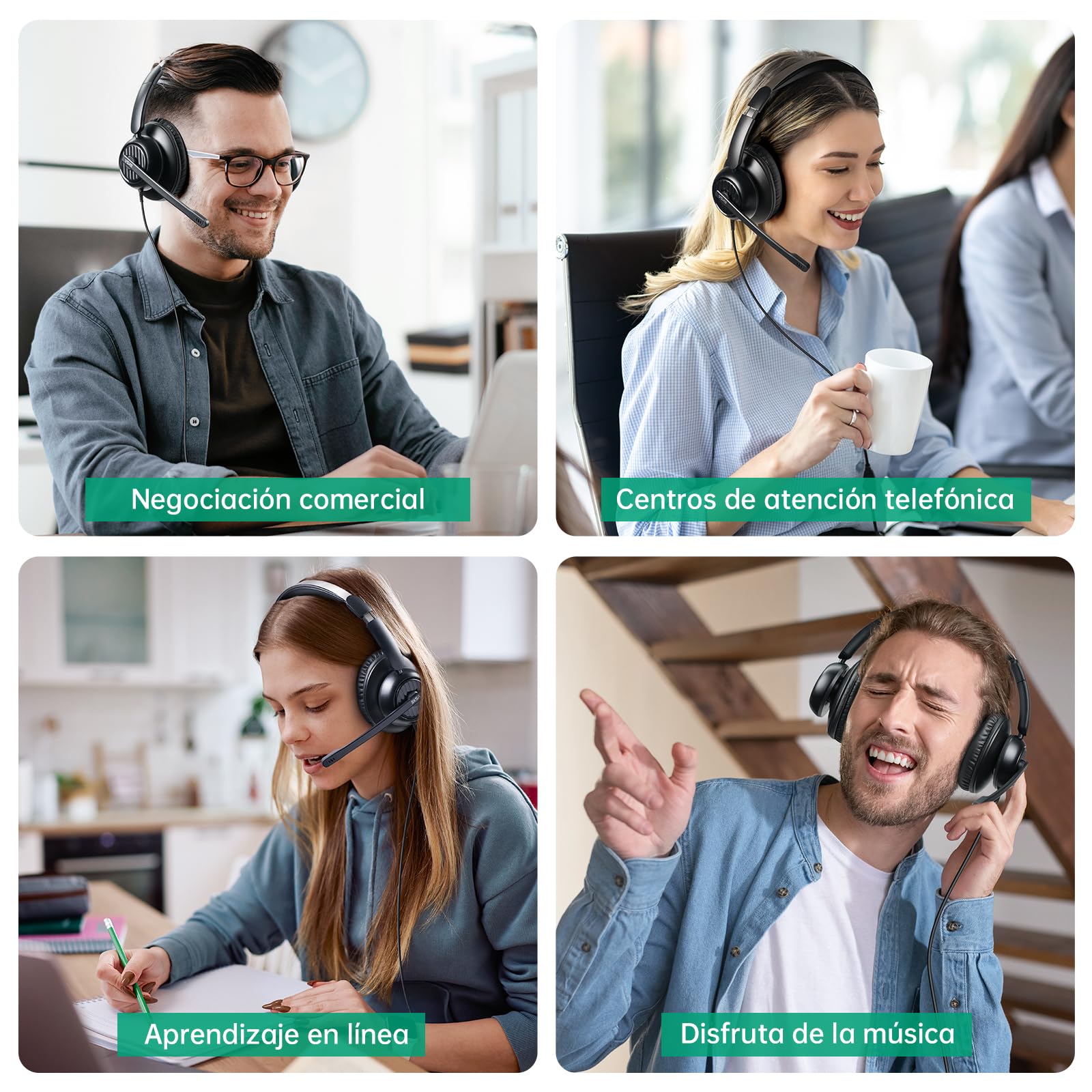 EKSA H8 Auriculares USB con micrófono,Cascos con Microfono Cancelación de Ruido,Controles en Línea, Auriculares con Cable 3.5mm/USB A+C para Centro de Llamadas/Oficina/Zoom