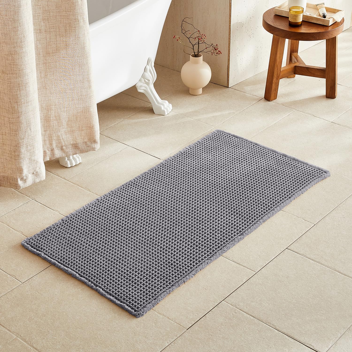 TYUU Waffle Bath Mat, Boho Bathroom Rugs Non Slip, 48x24 Grey