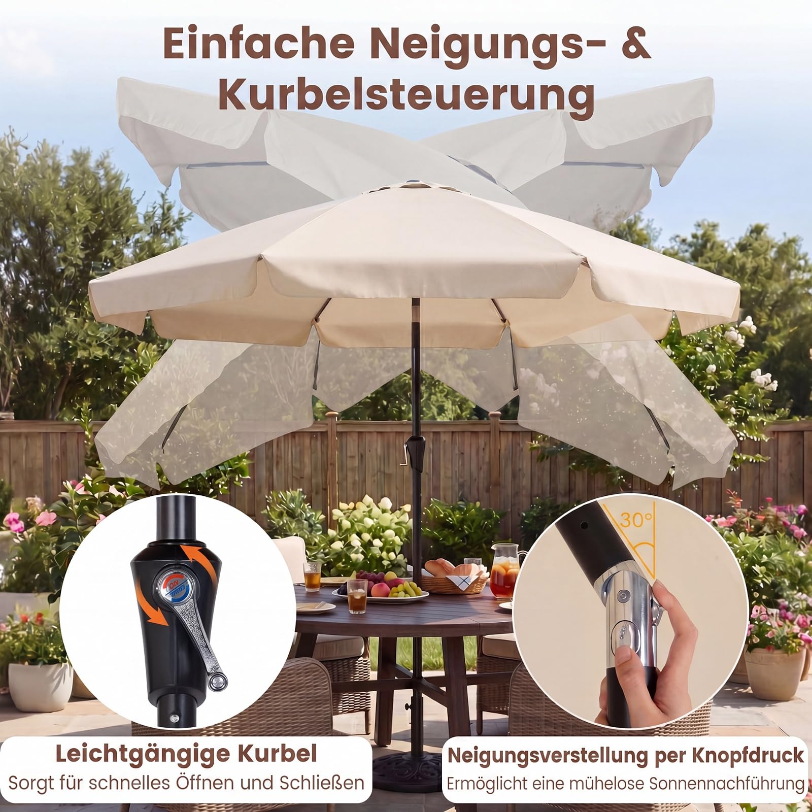 COSTWAY Sonnenschirm 300 cm, Gartenschirm mit Volant & Kurbel, beidseitig um 30° knickbar, Balkonschirm mit 8 Glasfaser-Rippen, Terrassenschirm, Marktschirm für Garten, Balkon, Terrasse (Beige)