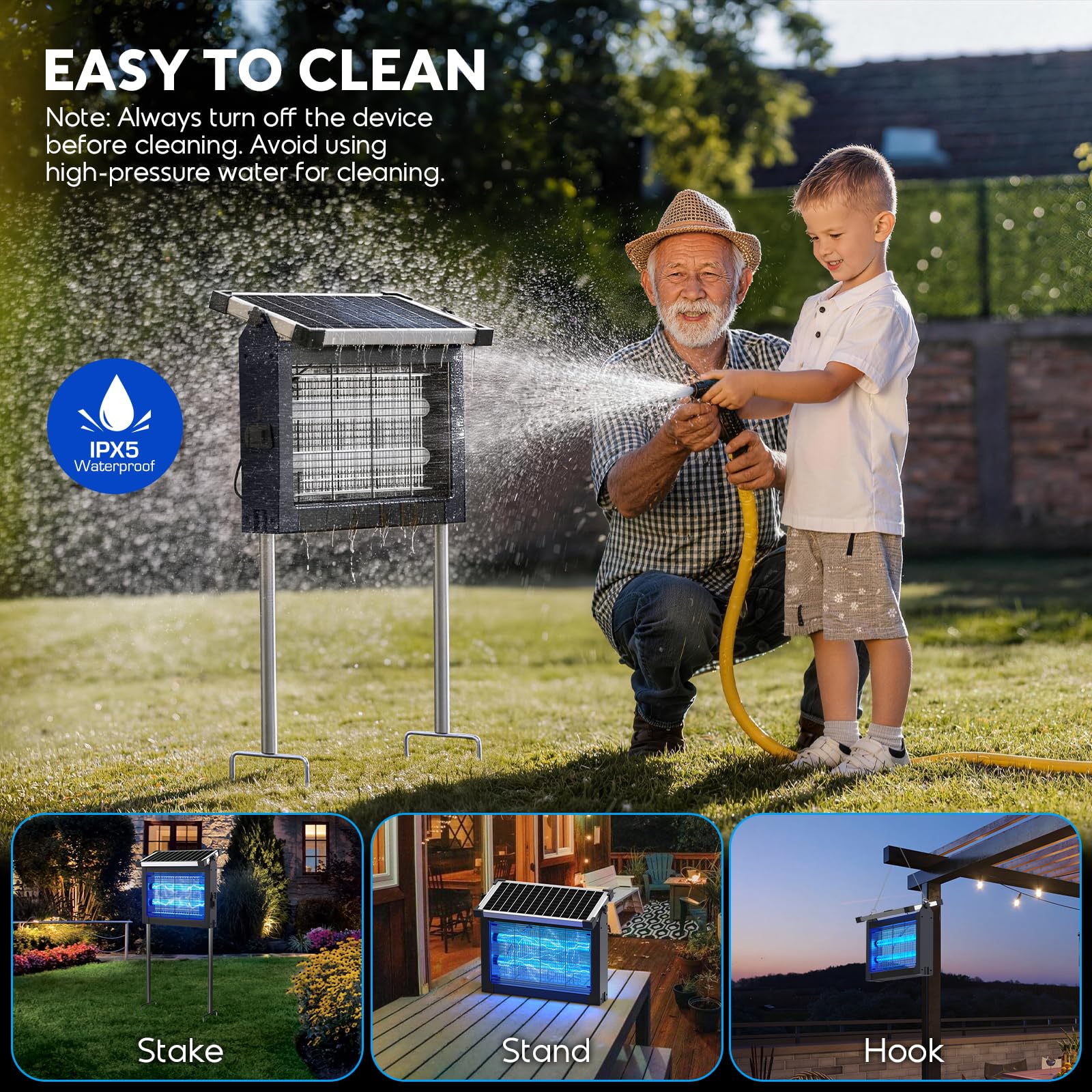 Solar Bug Zapper Outdoor, Moskito Zapper 4500V Schnurlos Wasserdicht, Auto On/Off, Portable Type-C & Solarbetriebener Insektenvernichter, Elektrischer Mückenfalle Fliegenvernichter für Terrasse