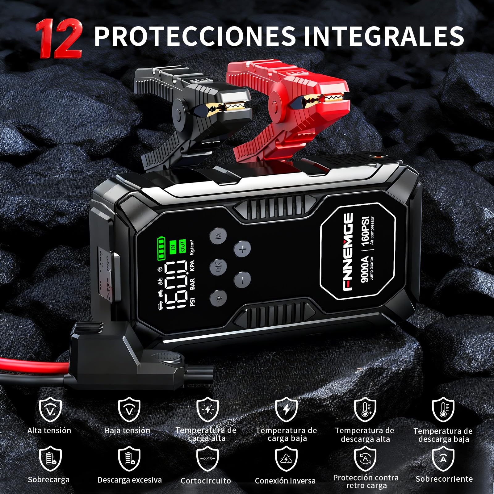 FNNEMGE Arrancador de Coches 9000A 26800mAh con 160PSI Compresor de Aire, Arrancador Batería Coche (para Todos los vehículos de Gasolina o de 12,0L de diésel), con Salida USB, Luz LED, Pantalla HD.