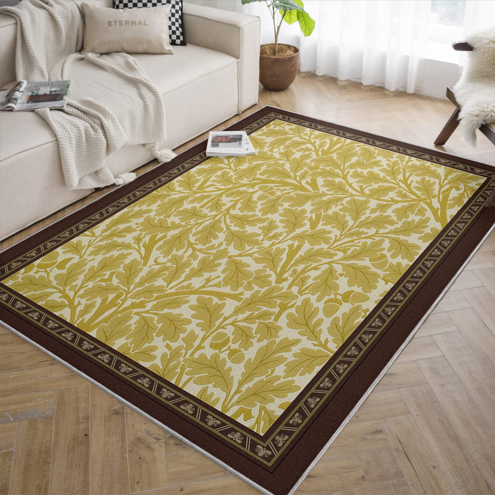 Tapis 150x210cm feuilles jaunes motif botanique salon et chambre