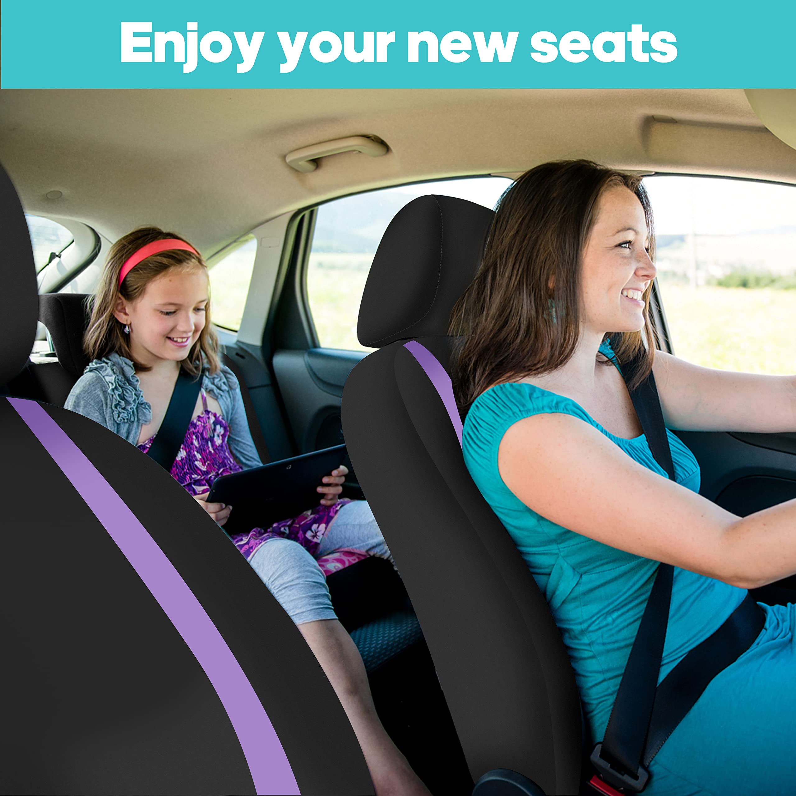 FH Group Car Seat Covers Unique Flat Cloth Full Set Automotive Seat Covers Front Set and Rear Solid Bench Purple Black Seat Covers w. Gift Universal Fit Interior Accessories for Cars Trucks and SUVs