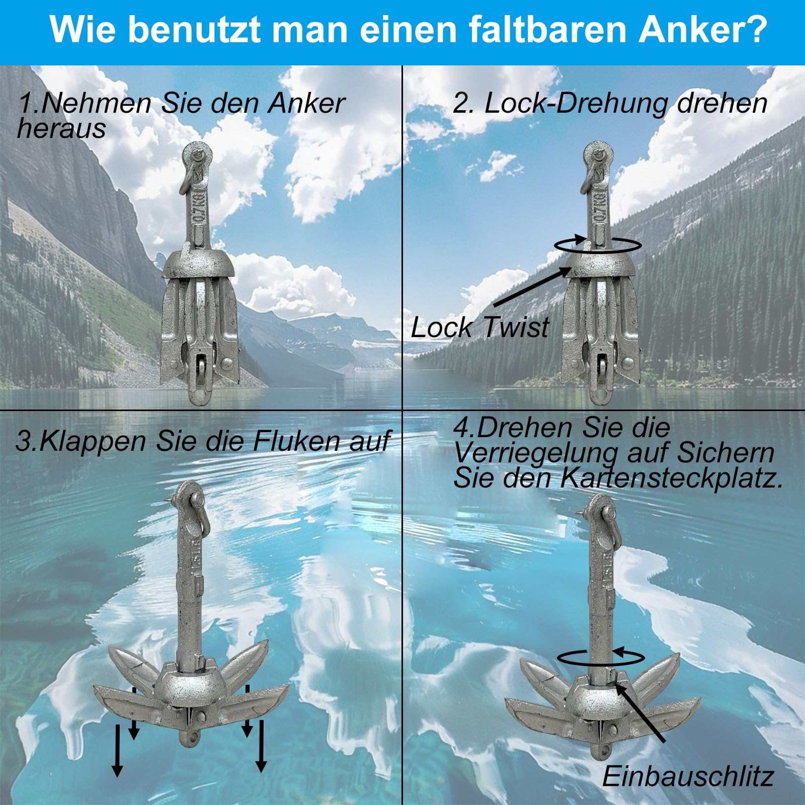 BeGrit 0,7Kg Anker Faltanker verzink Ankerset mit 10m reißfesten Ankerleine ø 6 mm & Ankerboje Kugel Set(Silber)