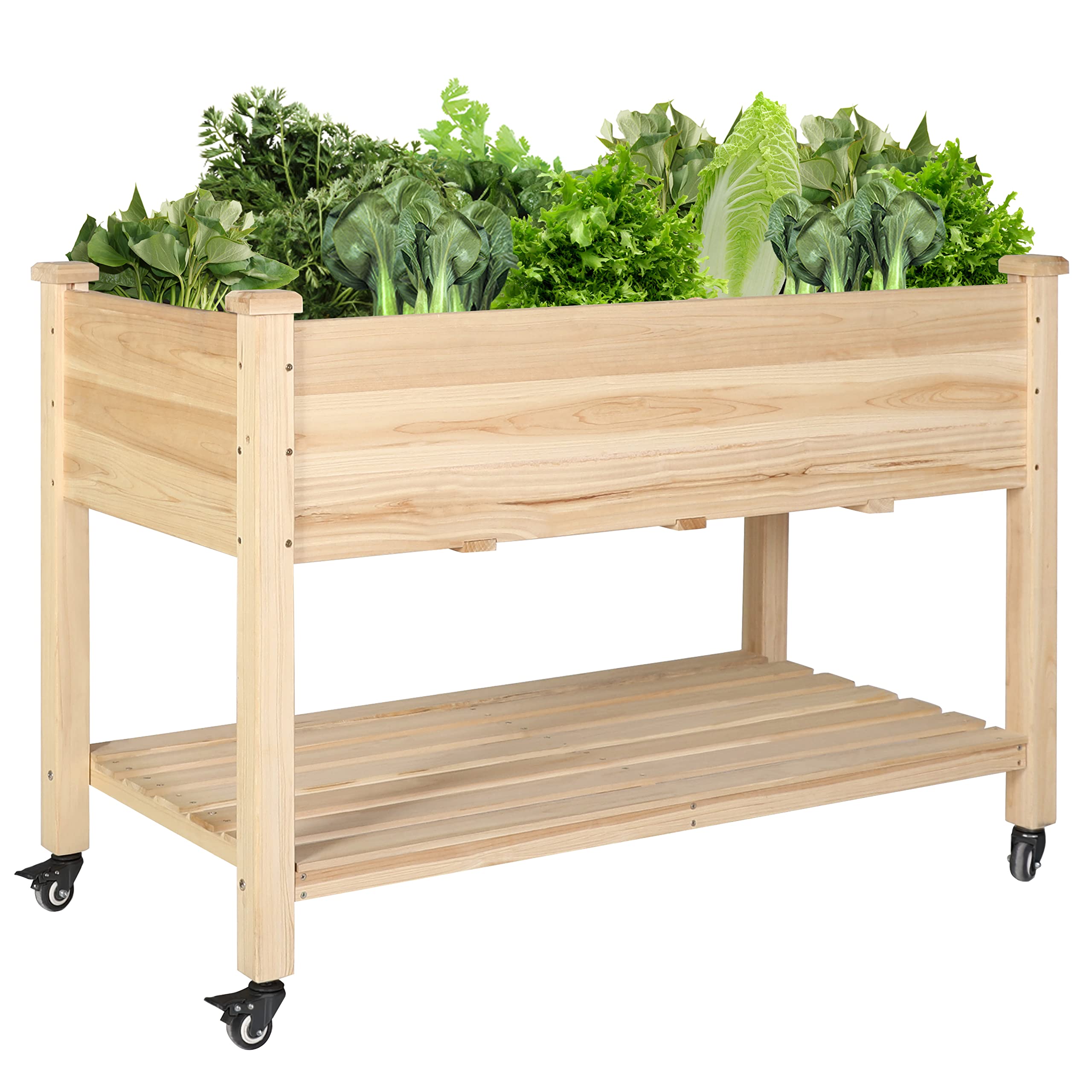 VEIKOUS Raised Garden Bed, Elevated Wood Planter with Legs, 47X22X33 Inch, Raised Garden Boxes w/Wheels and Storage Shelf for Outdoor, Vegetable and Herb