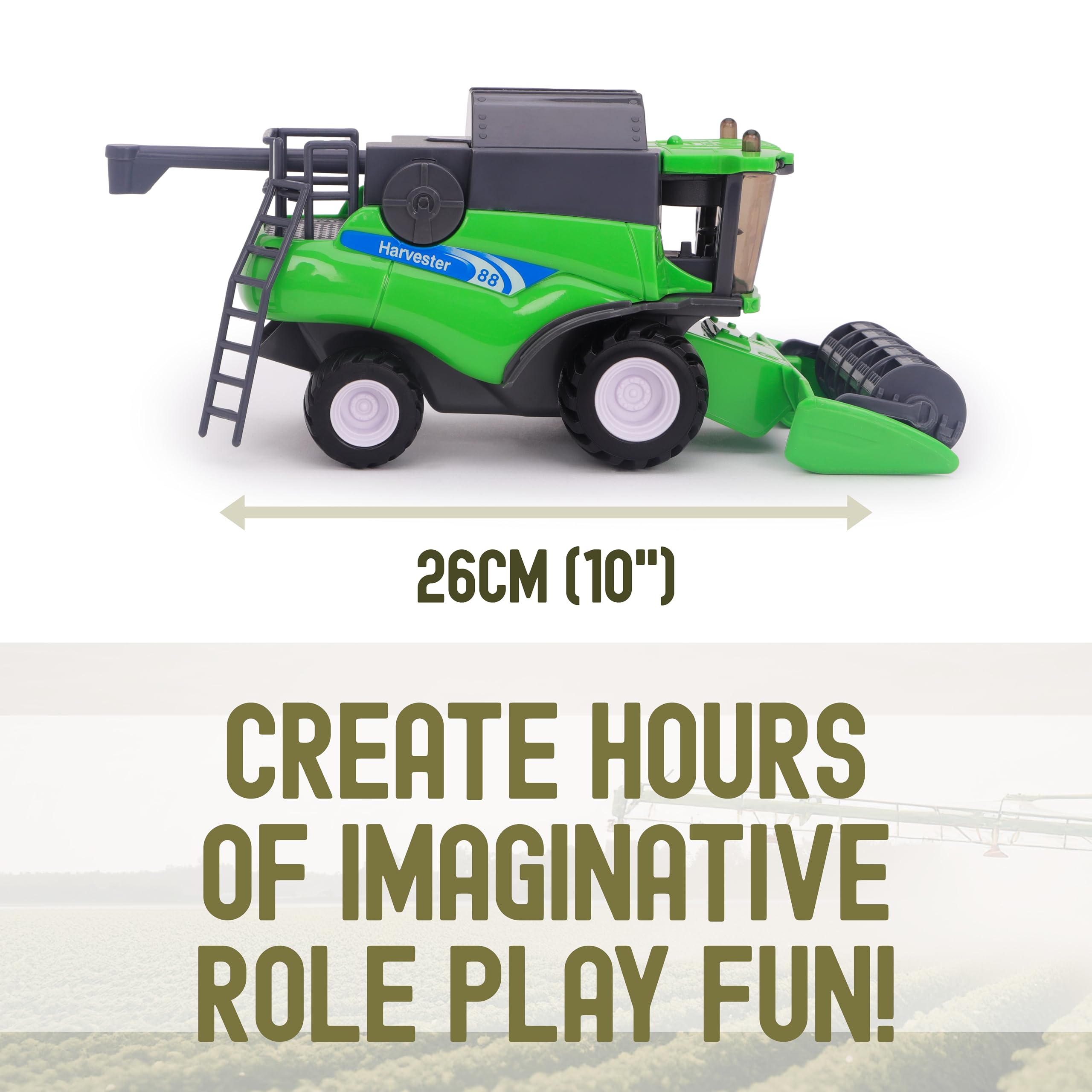 Toyland® 26cm (10”) Cosechadora de Juguete Verde a Escala 1:32 - Vehículo agrícola impulsado por fricción con Piezas móviles - Juego Interactivo para niños - Más de 3 años
