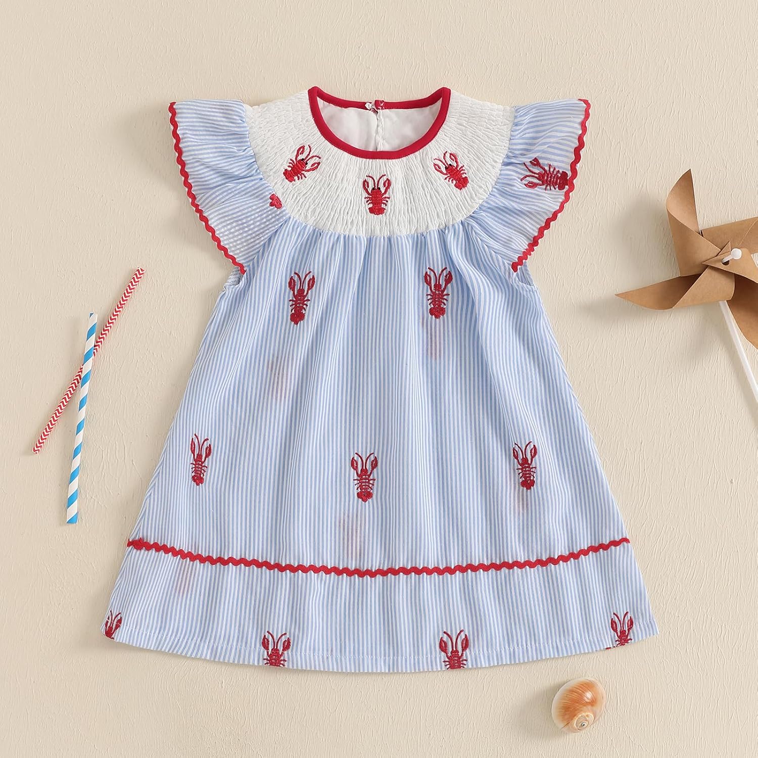 Toddler Baby Girl Crawfish Smocked Ruffle Short Sleeve Dress Lobster Plaid Princess Dresses Summer Outfits - Image 5