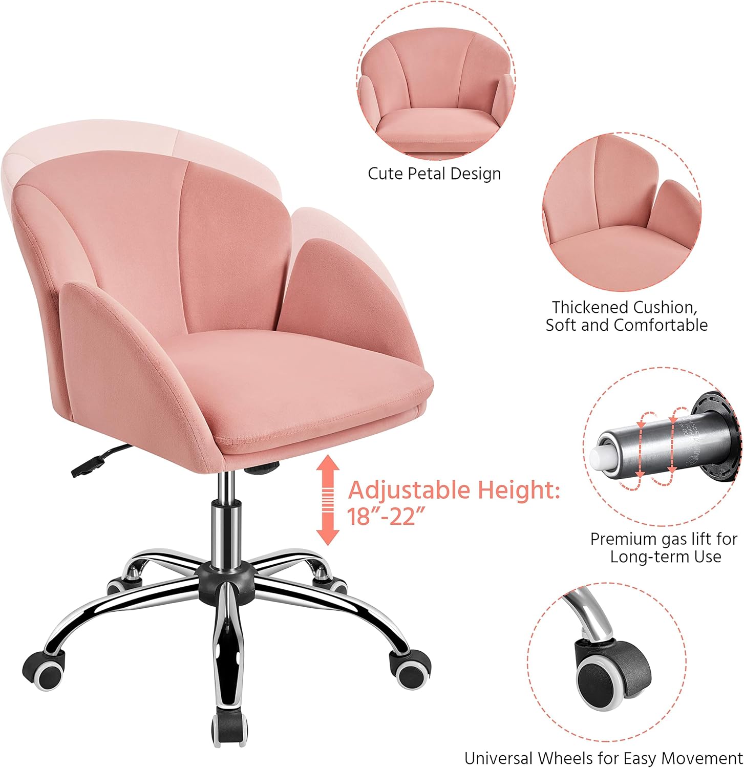 Topeakmart Cute Desk Chair for Home Office Makeup Vanity Chair with Armrests for Bedroom Modern Swivel Rolling Chair for Women Pink