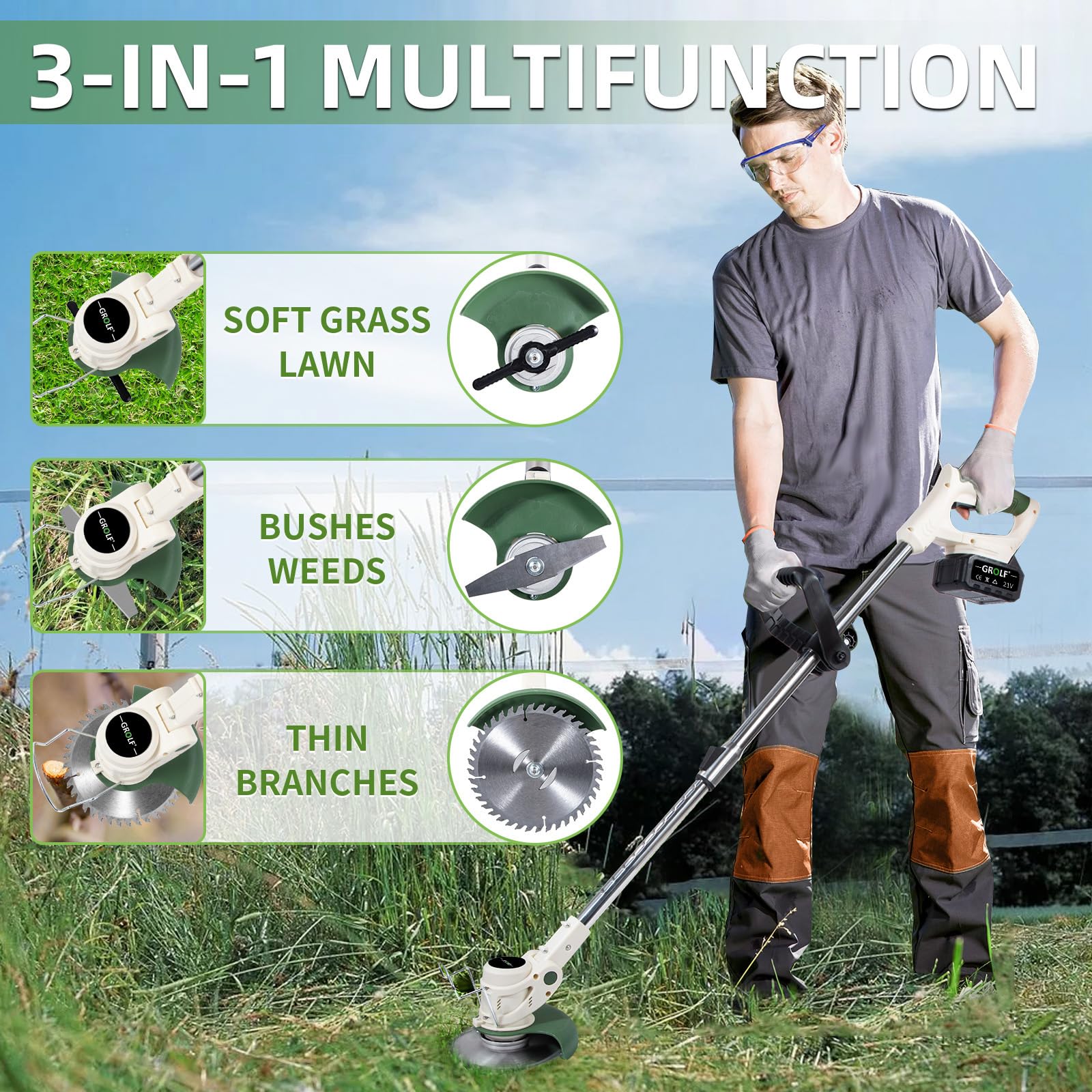 Decespugliatore a batteria senza fili con lama in metallo da 4,0 Ah e caricabatterie rapido, potente decespugliatore elettrico da giardino, ricaricabile, leggero, adatto per giardini, ville, prati