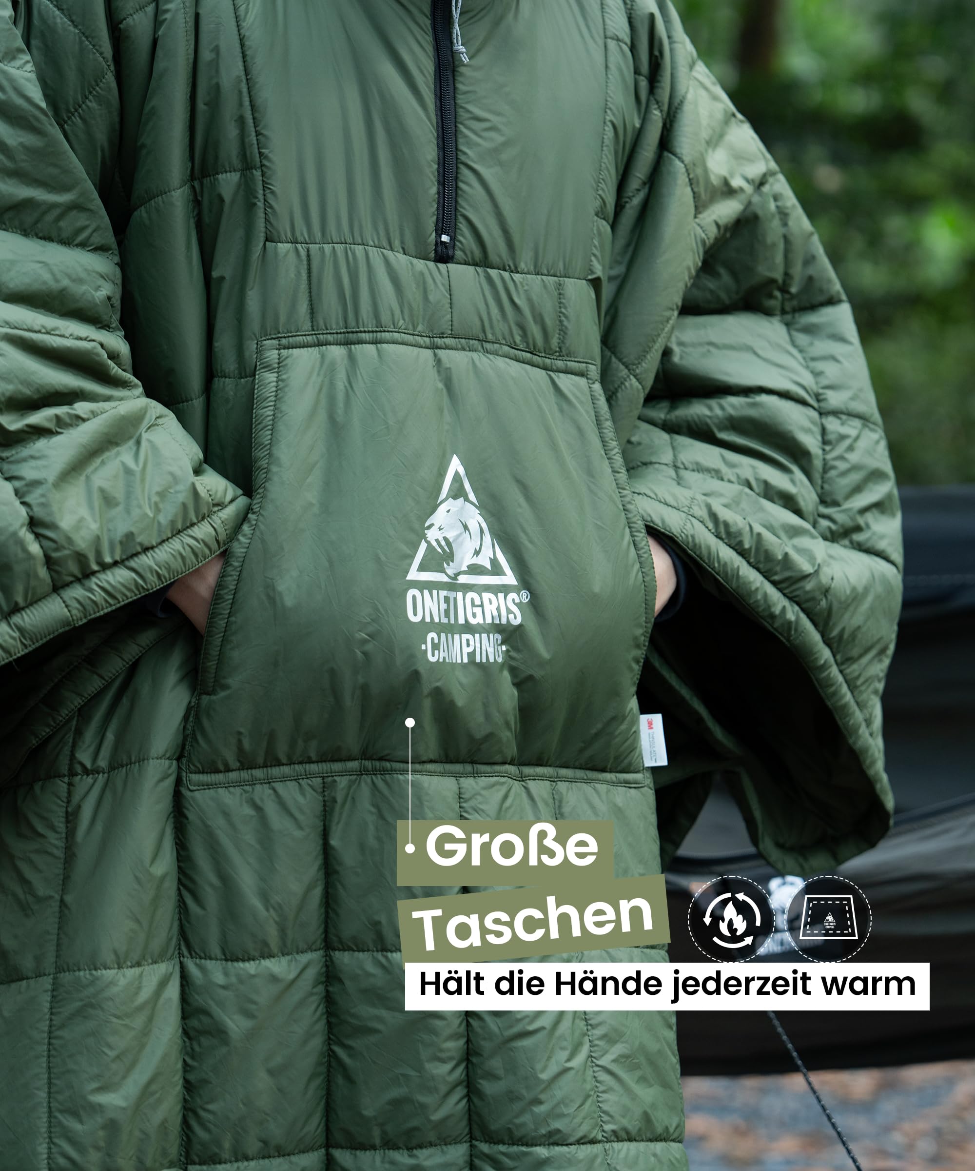 OneTigris - Poncho de camping con aislamiento Thinsulate 3M, manta impermeable cálida con bolsillos grandes, manta portátil con capucha para exteriores, senderismo, viajes, color verde